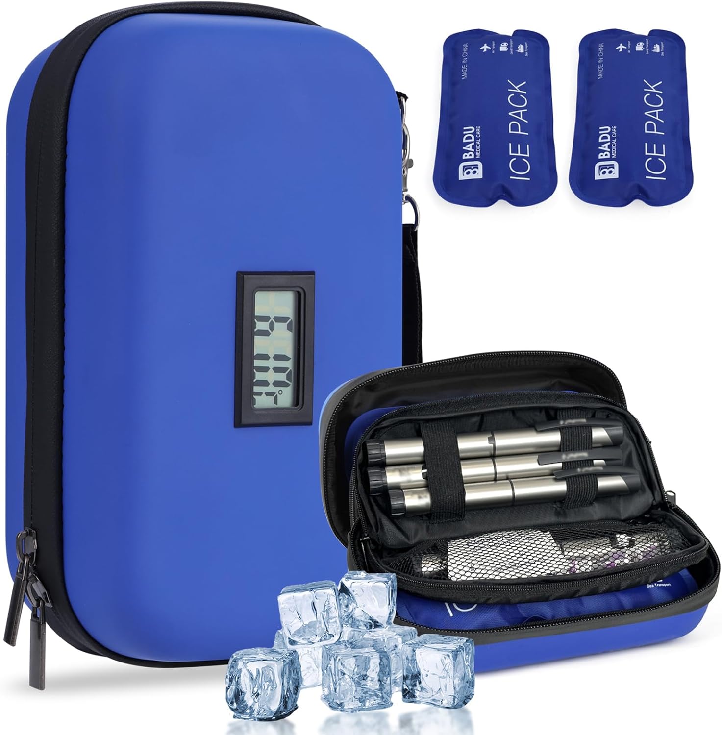HIMDUZE Insulin Cooler Travel Case TSA Approved Refrigerated Medicine Cooler for Travel w/Thermometer Temperature Diabetic Travel Case w/2 Reusable Ice Packs for Daily Life Trip, Blue