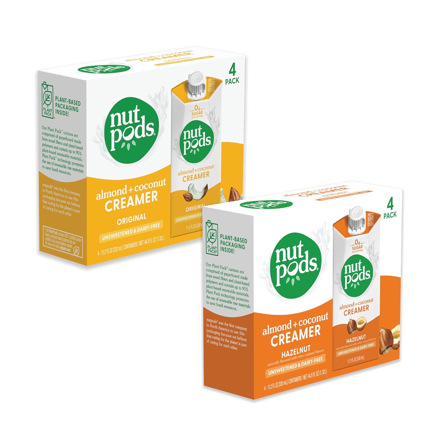 nutpods Non Dairy Coffee Creamer Bundle: a 4 pack of our Original creamer and a 4 pack of our Hazelnut creamer.