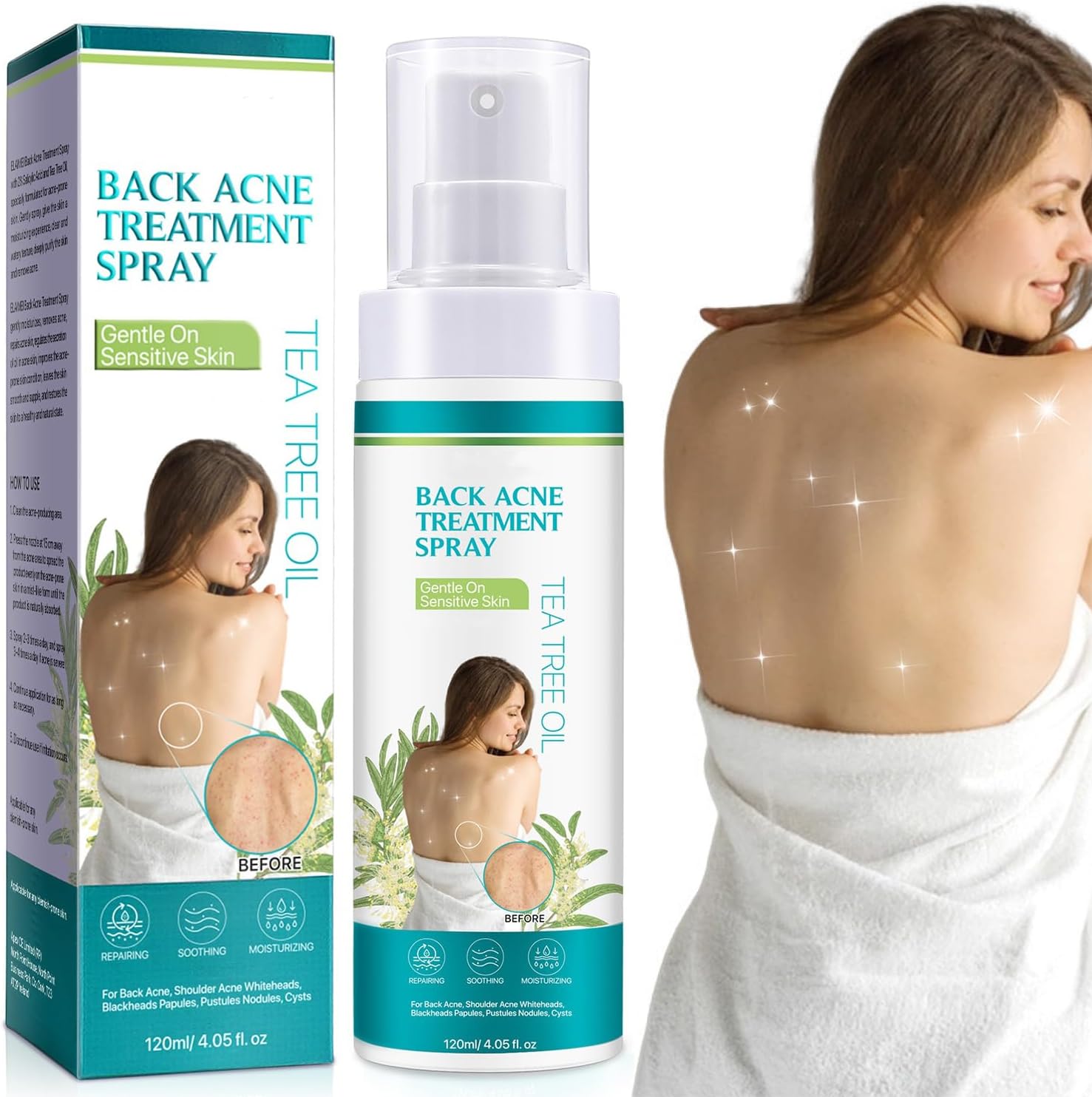 Back Acne Treatment, Tea Tree Oil Back Acne Spray, Body Acne Treatment for Spots & Acne Marks, Fast-Acting Back & Chest Acne Moisturising Acne for Back, Body, Chest