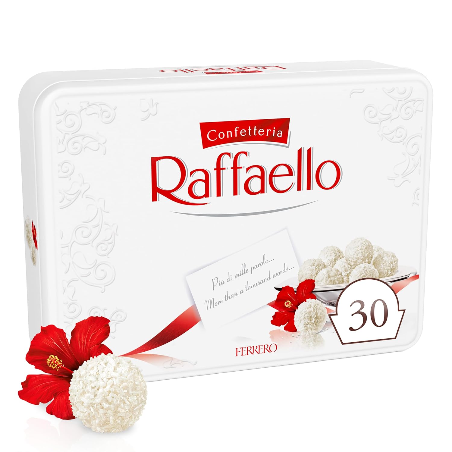 Raffaello Coconut Almond Pralines in Metal Tin Box 30 Individually Wrapped Treats, 10.6 oz