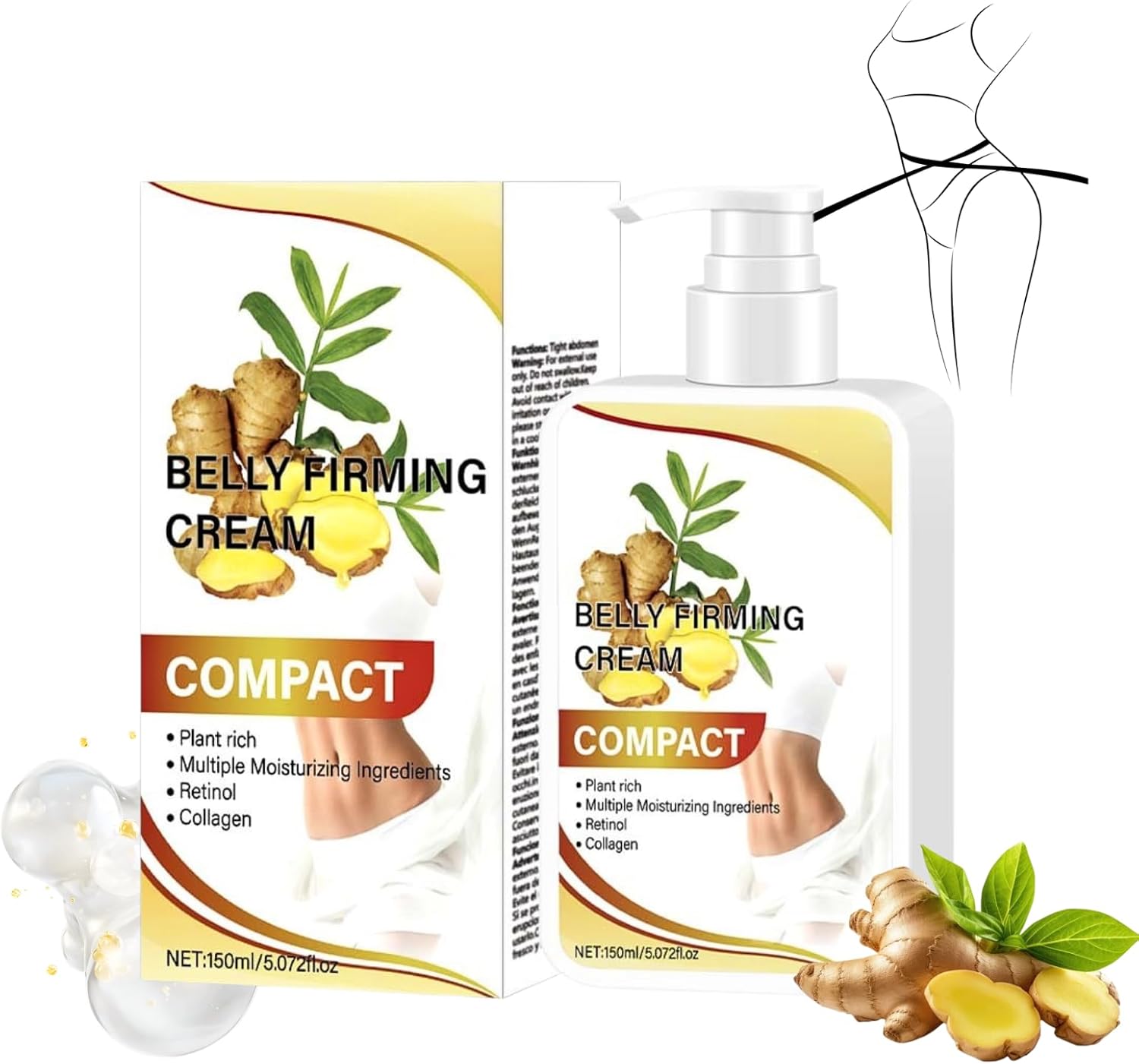 Ginger Belly Firming Cream,Skin Tightening&Cellulite remover for Stomach,Thighs,Butt,Anti Cellulite&Stretch Mark Cream with Retinol&Collagen,Belly Fat Burner &Firming cream for Loose Skin,150ml