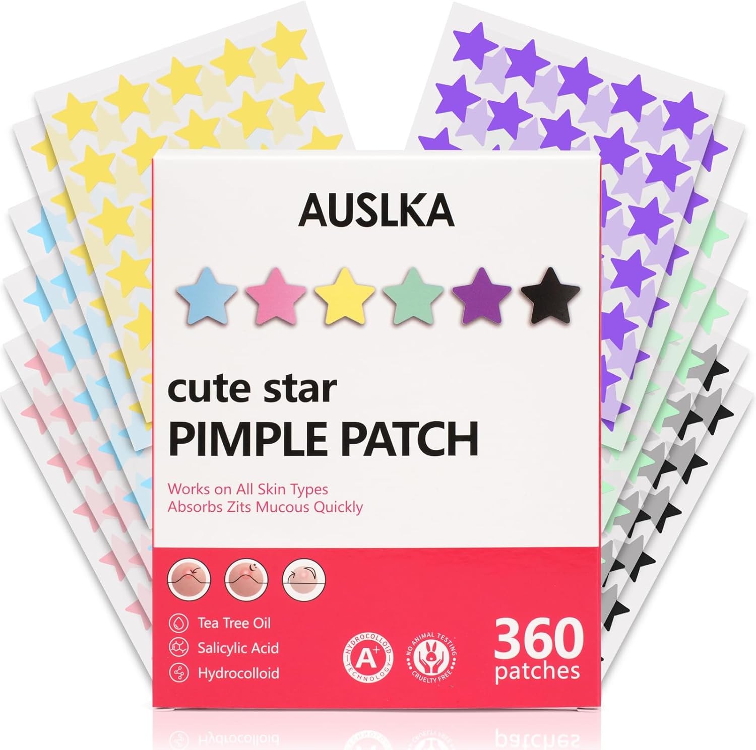 AUSLKA Star Pimple Patches (360 Pcs) Cute Zit Patches for Face, Star Spot Stickers with Salicylic Acid, Hydrocolloid Pimple Patches Absorb Fluid, Star Blemish Patches for Skin Care