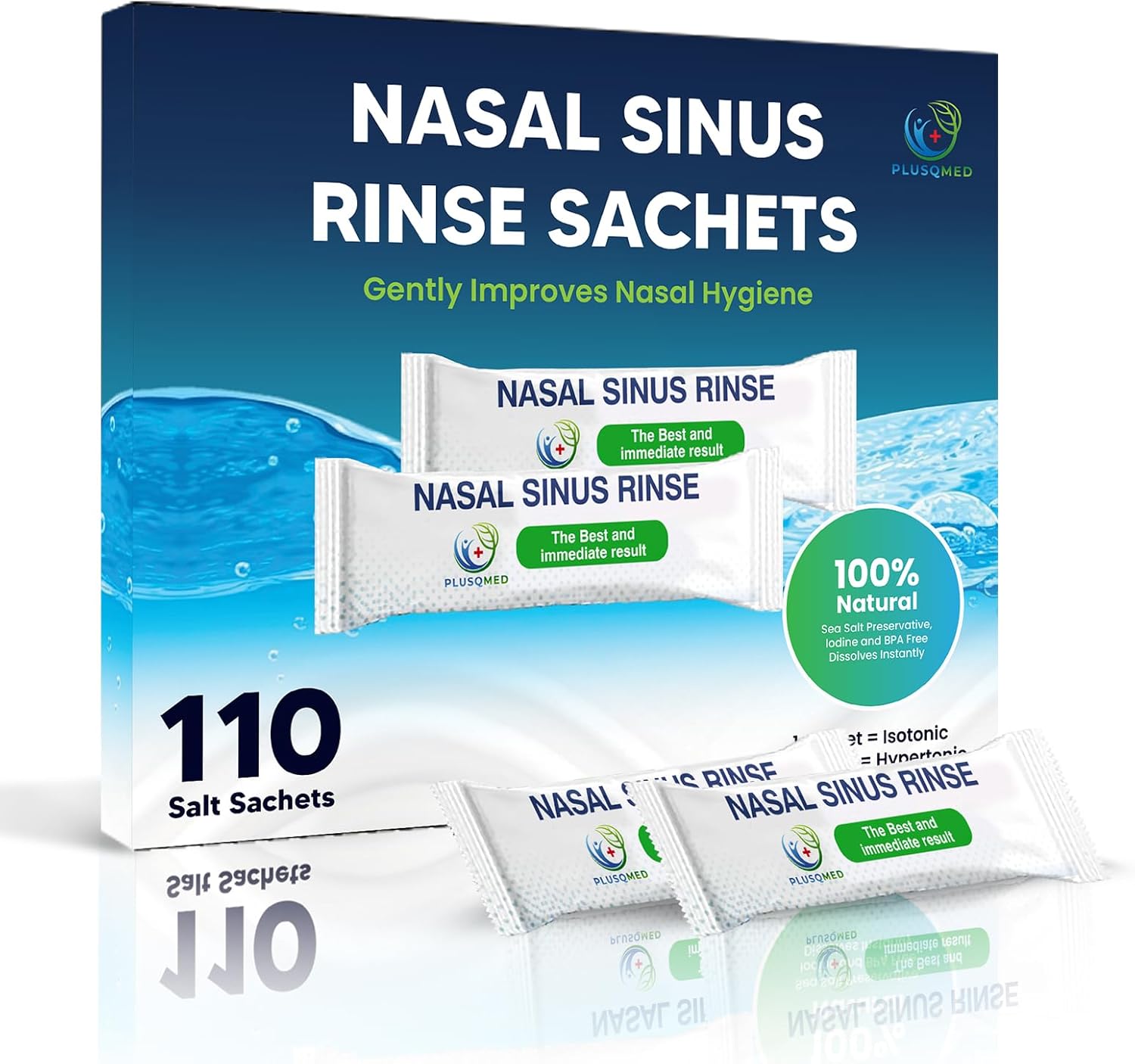 Sinus Rinse Sachets-110 Pre-Measured Packets for Neti Pot and Squeeze Bottle-100% Natural Sea Salt Istonic Formula,Drug-Free Nasal Irrigation,Sinus Congestion Relief-PLUSQMED
