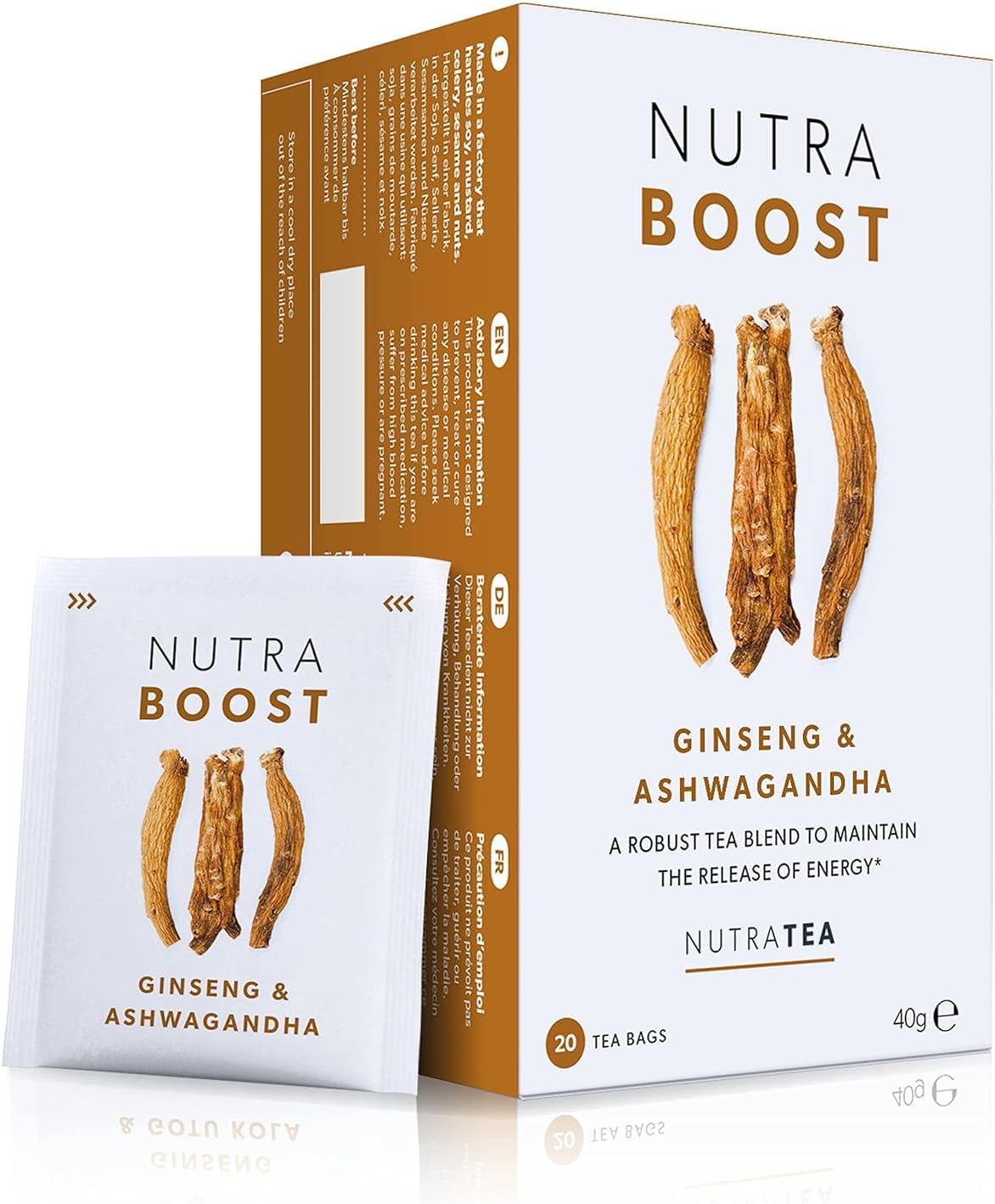 NUTRABOOST - Energy Tea | Herbal Energy Boost Tea - Help With Tiredness And Fatigue -Includes Green Tea, Ginseng & Ashwagandha - 20 Enveloped Tea Bags - by Nutra Tea - Herbal Tea