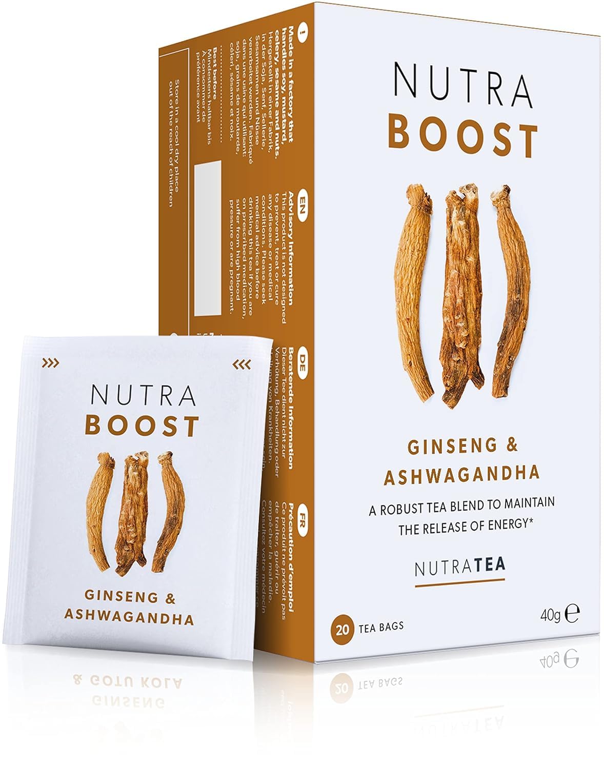 Nutra Tea NUTRABOOST - Energy Tea | Herbal Energy & Focus Tea - Help With Tiredness And Fatigue -Includes Green Tea, Ginseng & Ashwagandha - 20 Individually Wrapped Bags - Herbal Tea