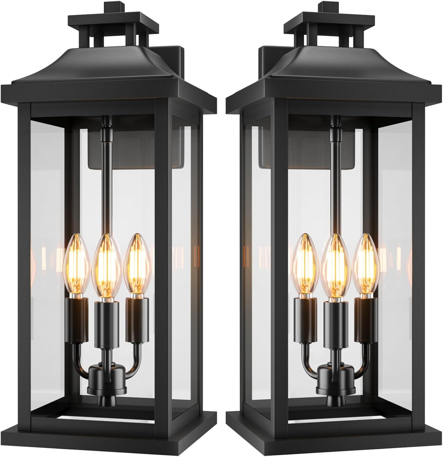 20" Large Outdoor Light Fixtures 3-Light 2 Pack, Black Outside Modern Porch Lights for House, Exterior Wall Sconce Lanterns Wall Mounted Waterproof Outdoor Coach Lamps for Garage E12