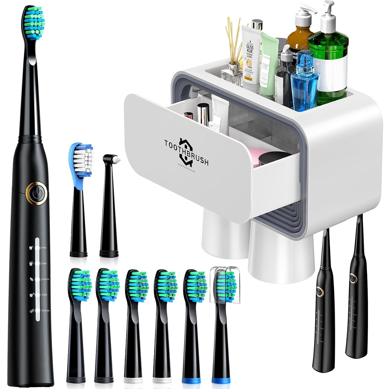 Electric Toothbrush with Toothbrush Holders for Bathrooms, 8 Brush Heads Sonicare Electric Toothbrush with 40000 VPM Deep Clean 5 Modes, 2 Cups Toothbrush Holder Wall Mounted
