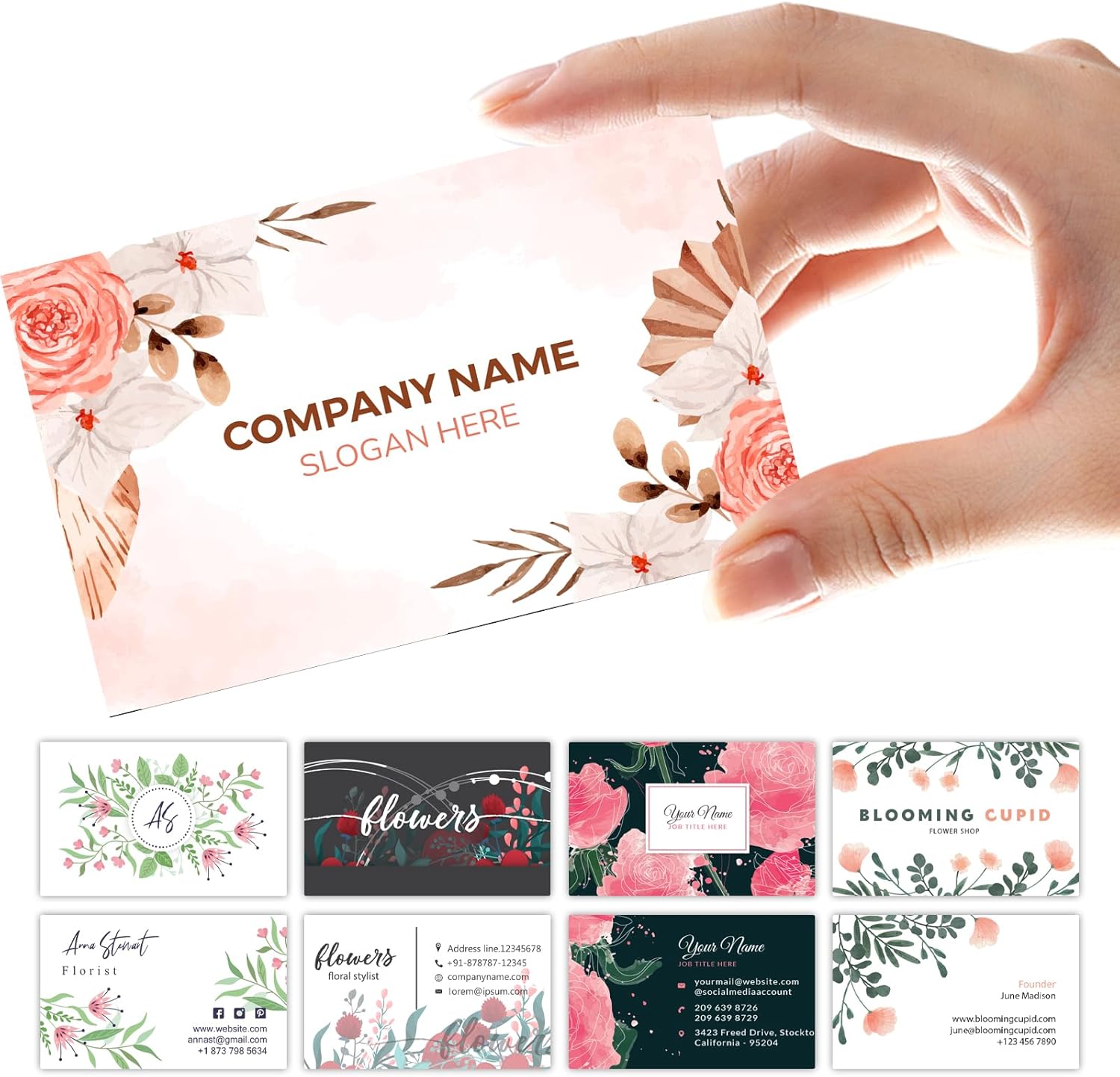 200PCS Personalised Business Cards - Custom Business Cards with Logo Picture Customizable Waterproof for Small 300gsm Matte Paper Front & Back Sides Printed 3.5" X 2" (Flower)