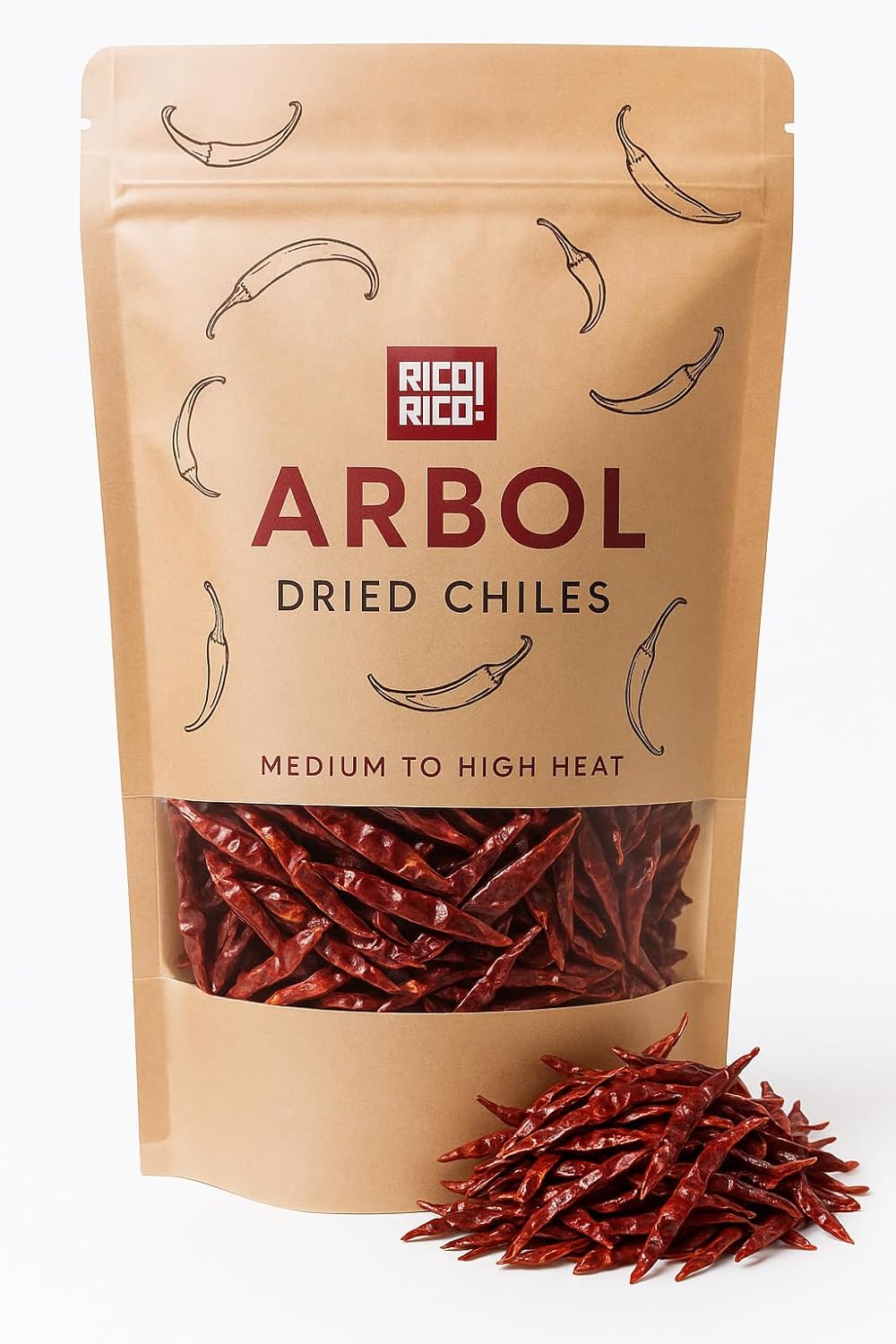 RICO RICO Chile de Arbol 4 Oz - Premium Dried Arbol Chili Peppers, Spicy Hot Heat for Mexican, Chinese & Thai Dishes, Resealable Bag
