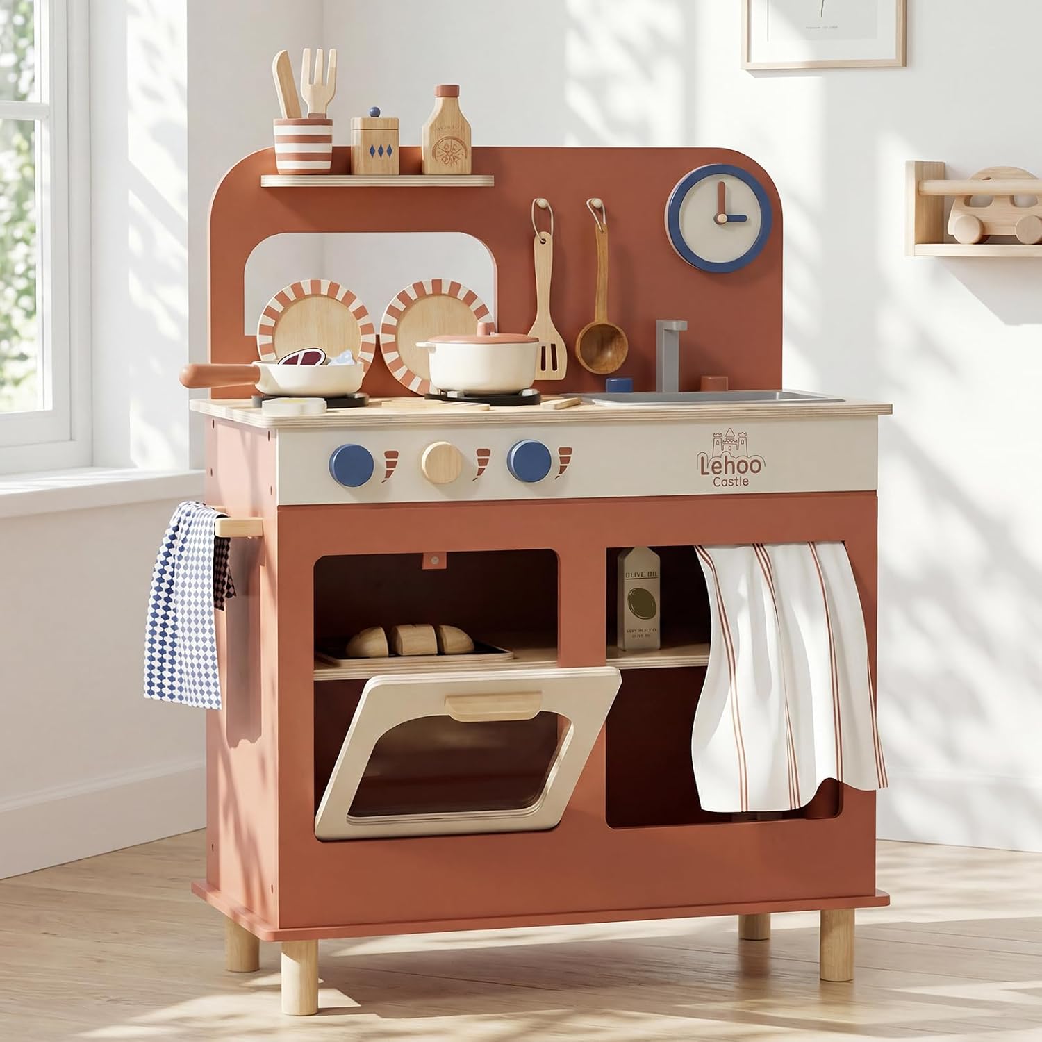 Lehoo Castle Kids Play Kitchen for Toddlers 1-3, Wooden Kitchen Playset
