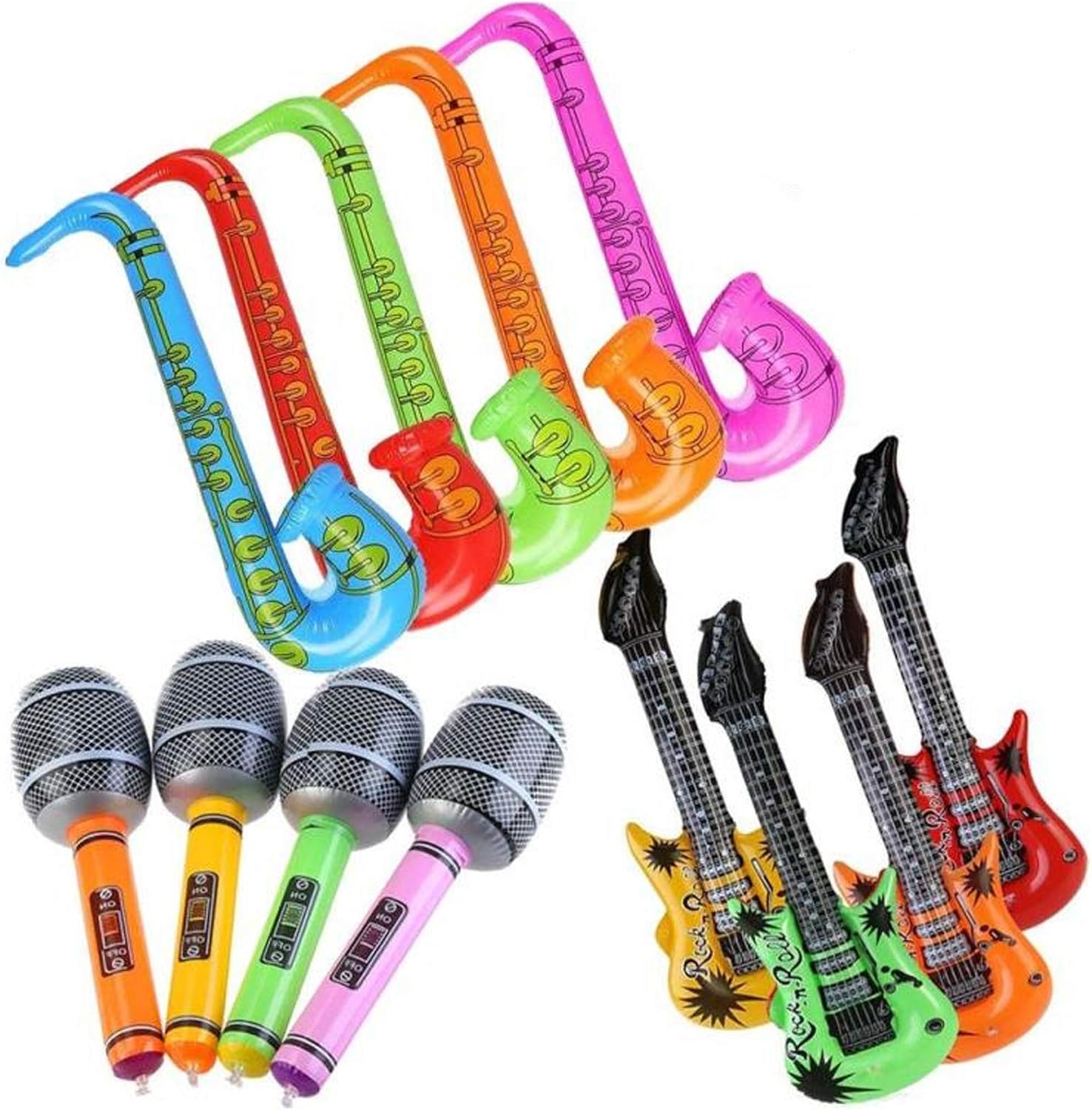 Yojoloin Jumbo 12PCS Inflatable Guitar Saxophone Microphone Balloons Fun Musical Instruments Accessories For Birthday Party Supplies Favors Photo Booth Props Random Color (12 PCS)