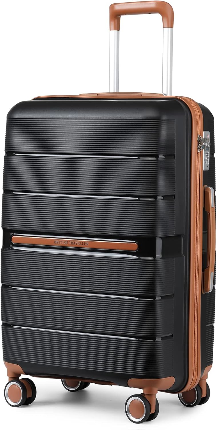 British Traveller 28" Large Suitcase Lightweight Polypropylene Hard Shell Luggage Durable Check in Hold Suitcase with TSA Lock and 4 Spinner Wheels(Black, 76cm 92L)