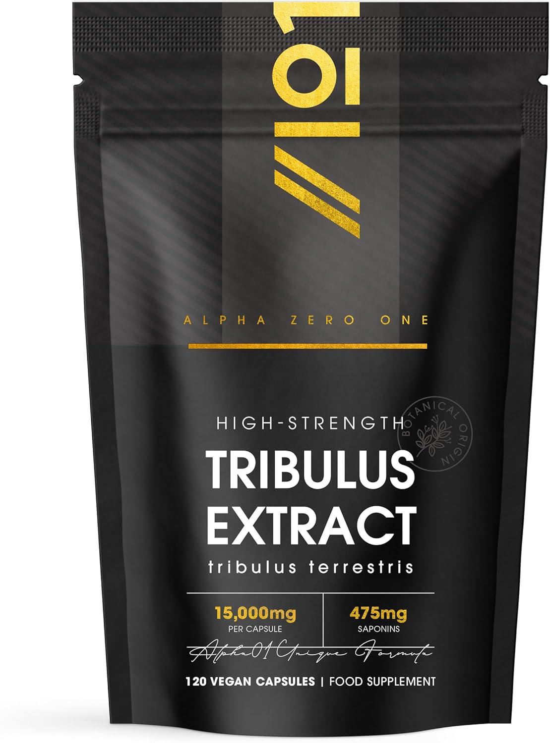 Tribulus Terrestris Extract 15,000mg – Super Strength 95% Saponins (474mg per Capsule) – 120 Vegan Capsules (4 Months Supply) Resealable and Recyclable Pouch – by Alpha01