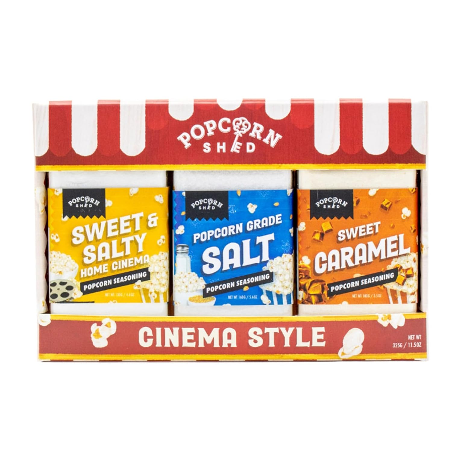 Cinema Style Popcorn Seasoning Kit, DIY Popcorn, Popcorn Seasoning Shakers, 3 Flavors: Caramel, Sea Salt and Sweet & Salty, 11.5oz, Imported from UK