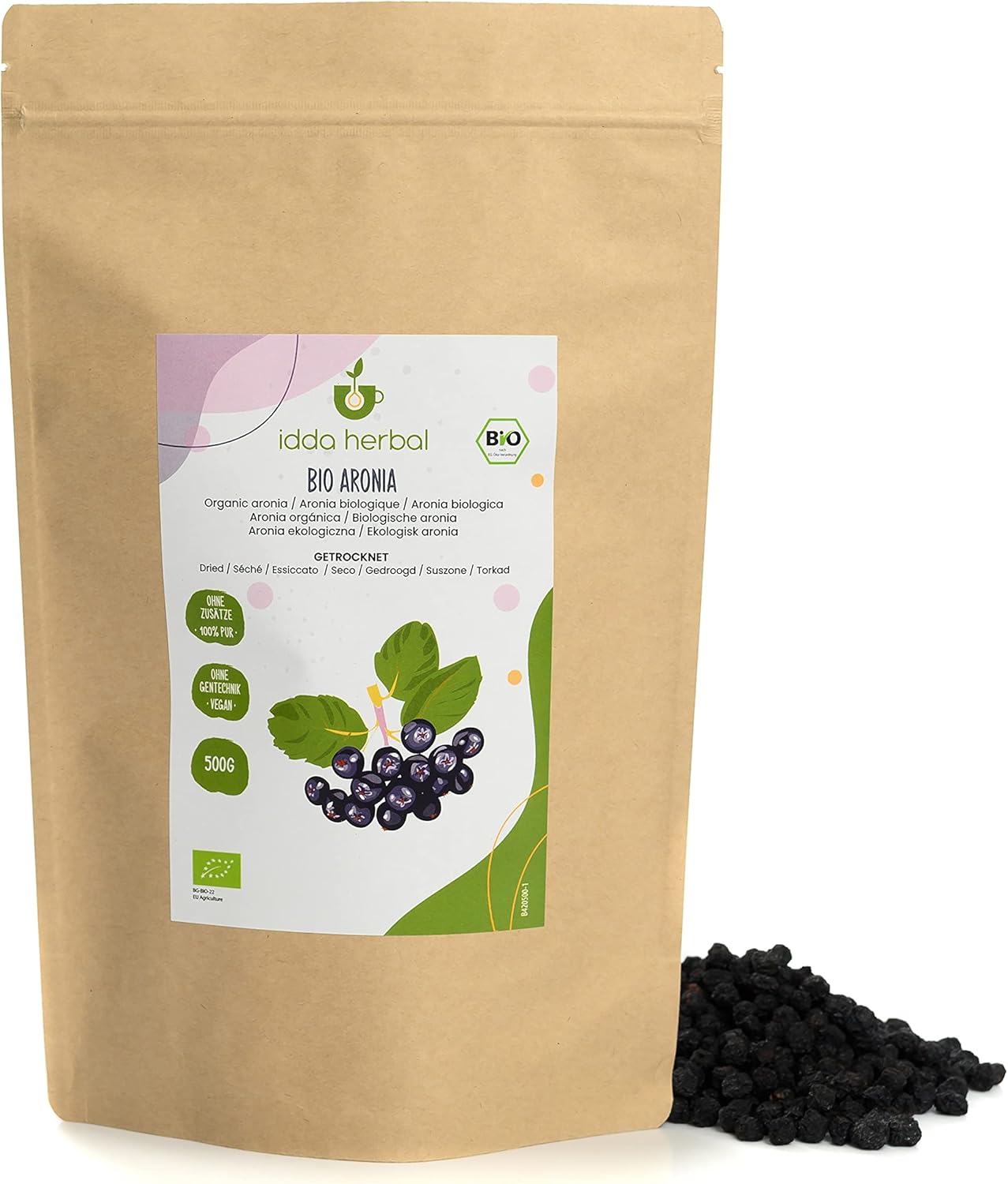 Organic Dried Aronia Berries (500g, 1.1lb), Whole Unsweetened Aronia Berries from Organic Cultivation, 100% Natural and Pure, Ready to Eat Fruit Snack, Vegan