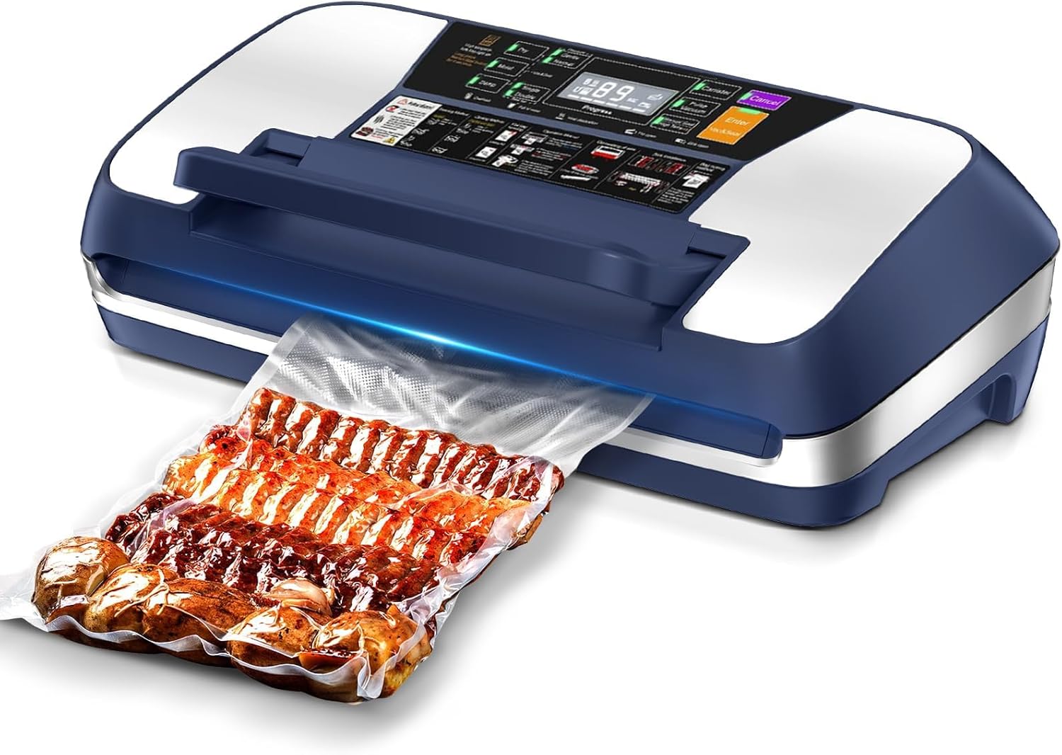 95kpa Vacuum Sealer Machine, Commercial Full Automatic Food Sealer, Vacuum Sealer for Food with Cutter, 10 Pre-cut Bags & Bag Rolls and Accessory Hose, Fully Starter Kits, Dark Blue