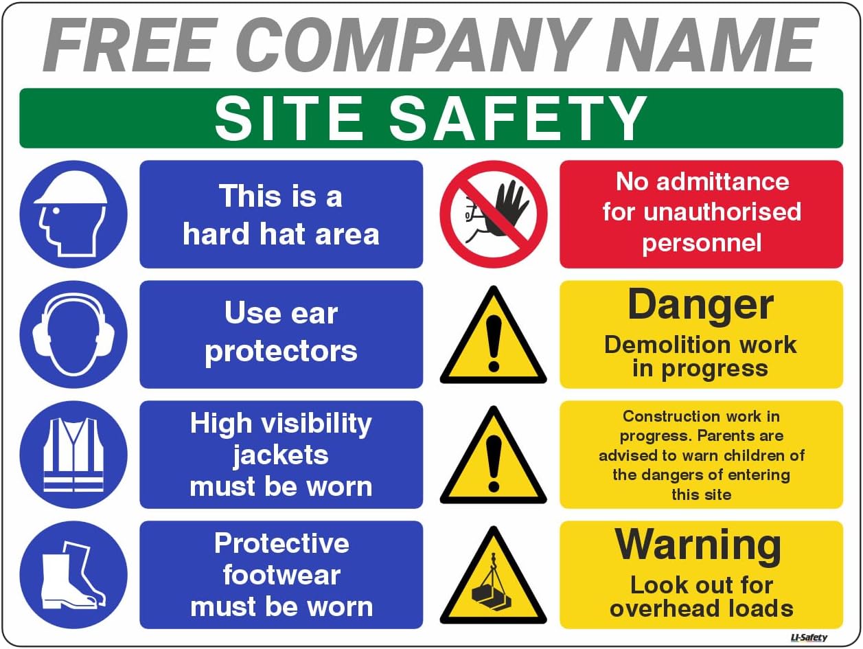 LI-Safety 600x450mm Multi Hazard Site Safety Notice 8 Points 2 Column Construction Sign with FREE Company Name