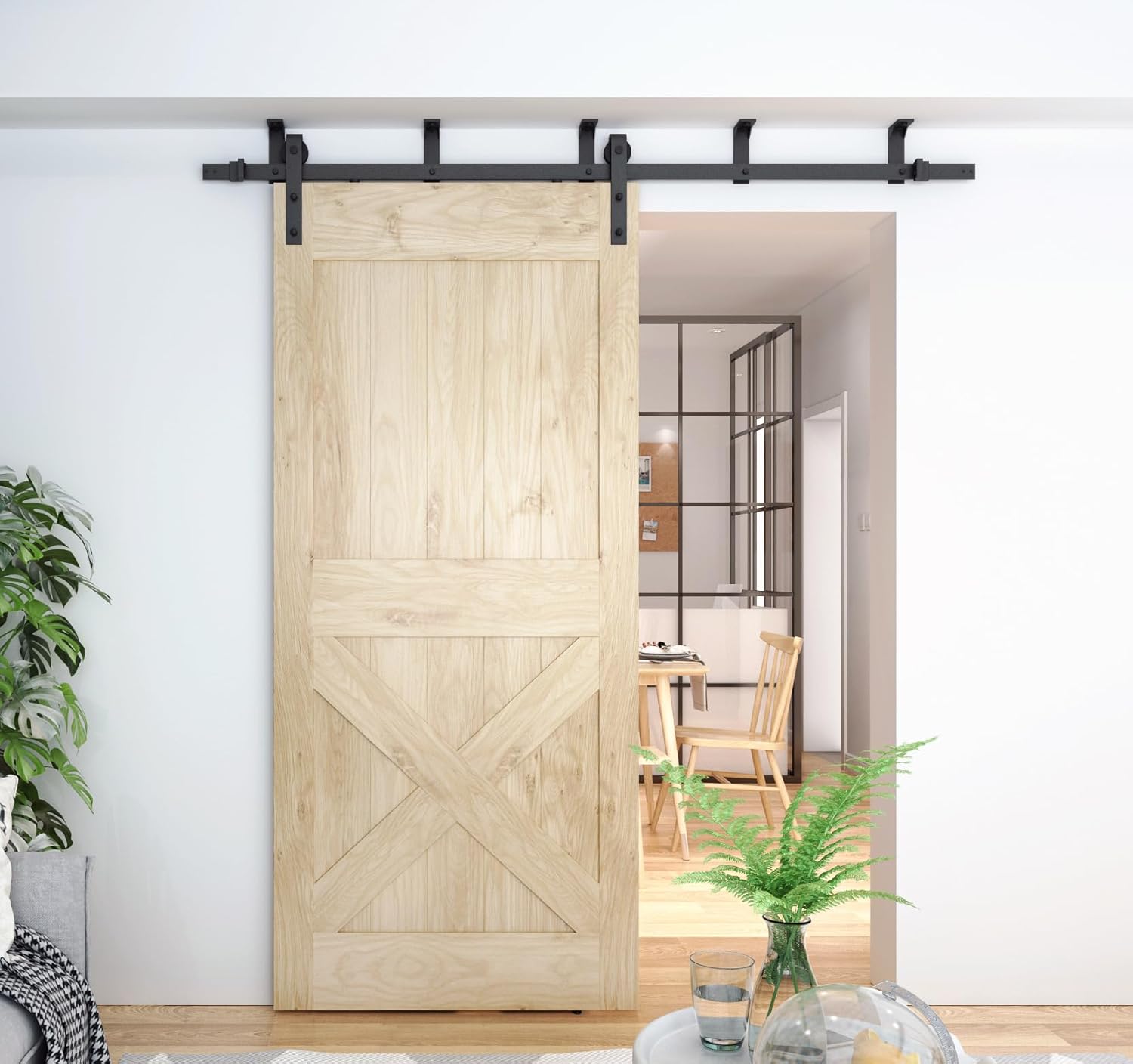 DIYHD Bent Straight Roller Barn Wood Closet Interior Door Sliding Hardware, 8FT Track Kit, Ceiling Mount kit