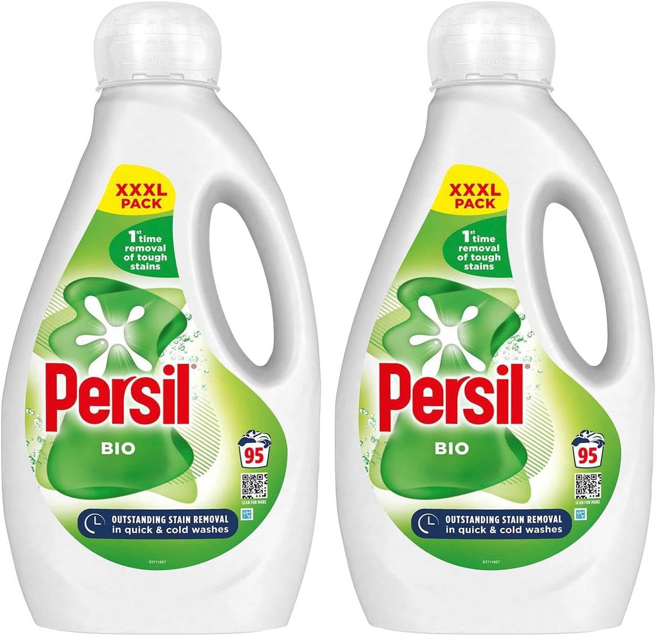 Persil XXXL Washing Liquid Detergent Outstanding Stain Removal Quick and Cold Wash Tough on Stains Gentle Next to Sensitive Skin 95 Washes 2.565 Litre (Pack of 2, Bio)