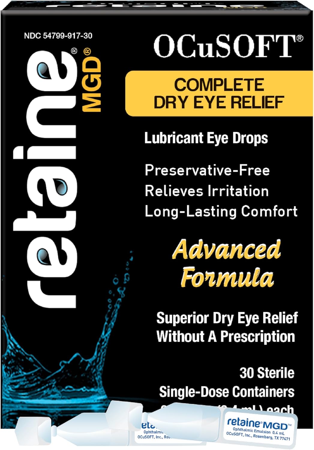 OCuSOFT Retaine MGD Ophthalmic Emulsion - Complete Dry Eye Relief - Soothes Red & Irritated Eyes - 30 Count Preservative-Free Single-Use Containers - 0.01 Fl Oz