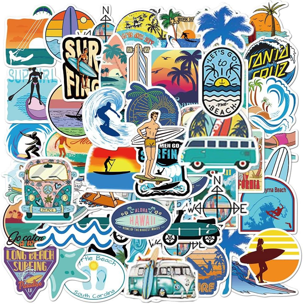 Go Surfing Stickers| 50 Pcs Summer Water Sports Waterproof Vinyl Stickers for Surfboard Water Bottles Bicycle Laptop Refrigerator Luggage Computer Mobile Phone Skateboard Bike Decals