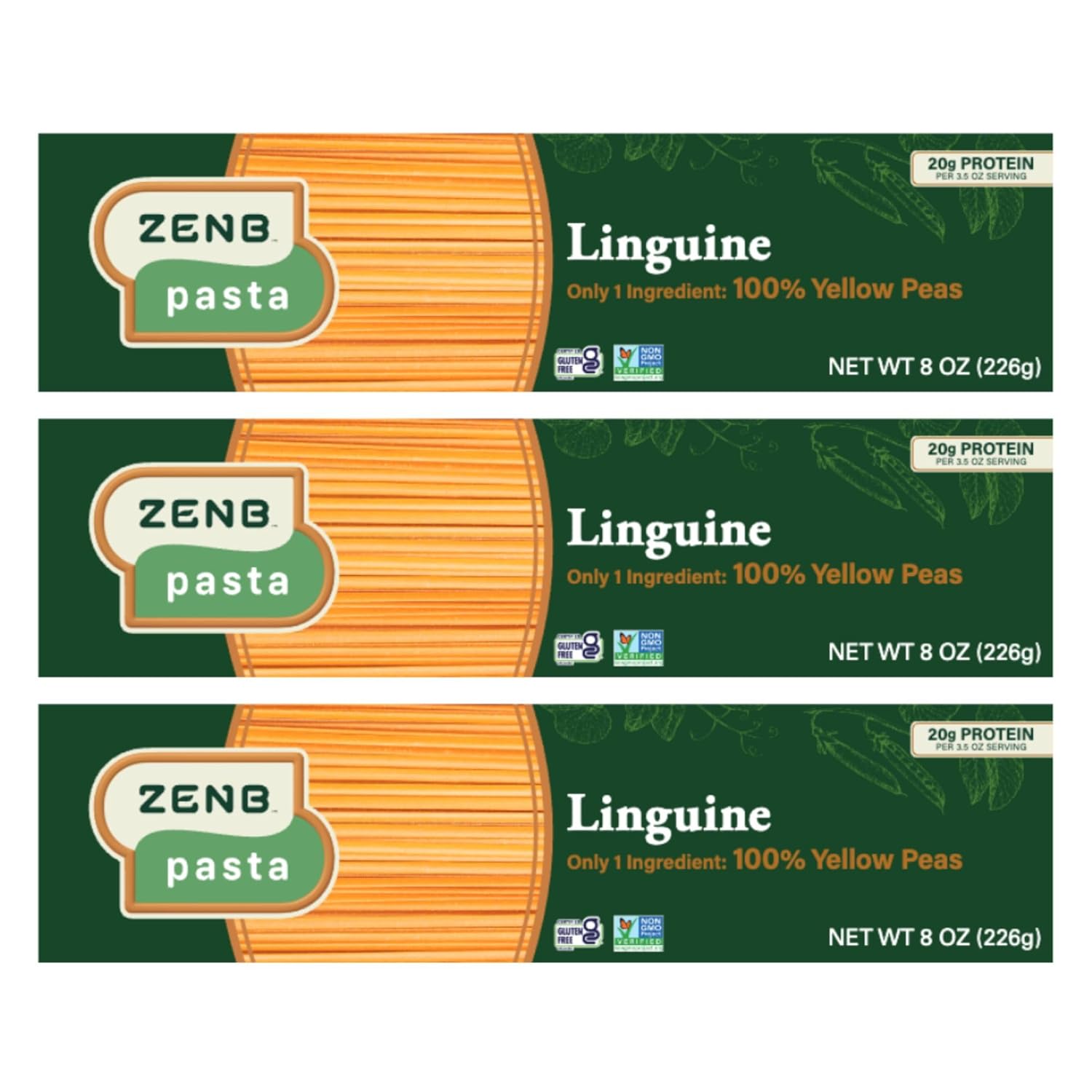 ZENB Gluten-Free Linguine - 100% Yellow Pea Pasta, Vegan, Plant Based and Non-GMO, Certified Kosher, 20g Protein & 12g Fiber per Serving, Key Vitamins and Minerals - 8 oz Boxes (3 Pack)