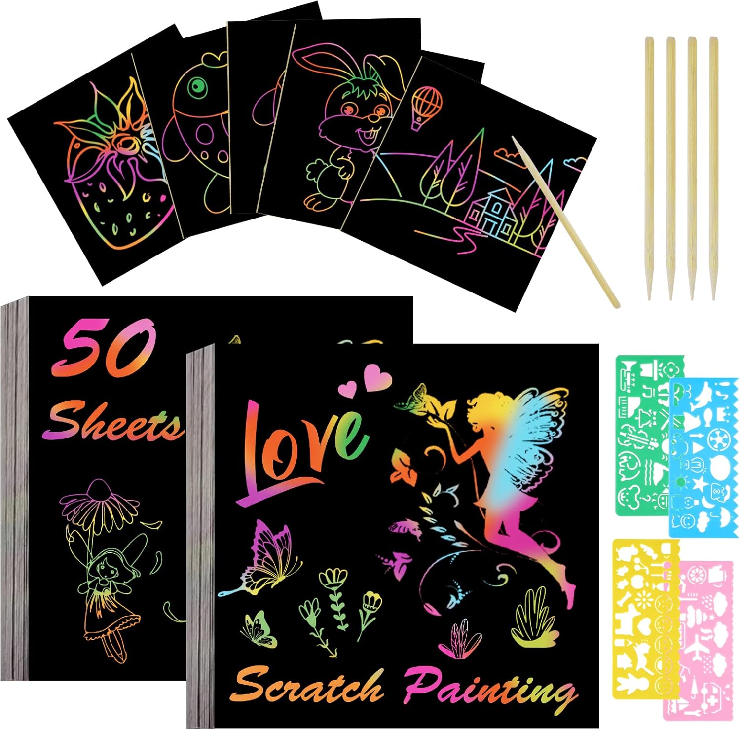 Vicloon Rainbow Scratch Art, 50Pcs Black Magic Scratch Art Notes Painting Boards Arts and Crafts for Kids with 4 Stencils 5 Wooden Stylus Birthday Gifts DIY Party Gift(8.5 * 8.5CM)