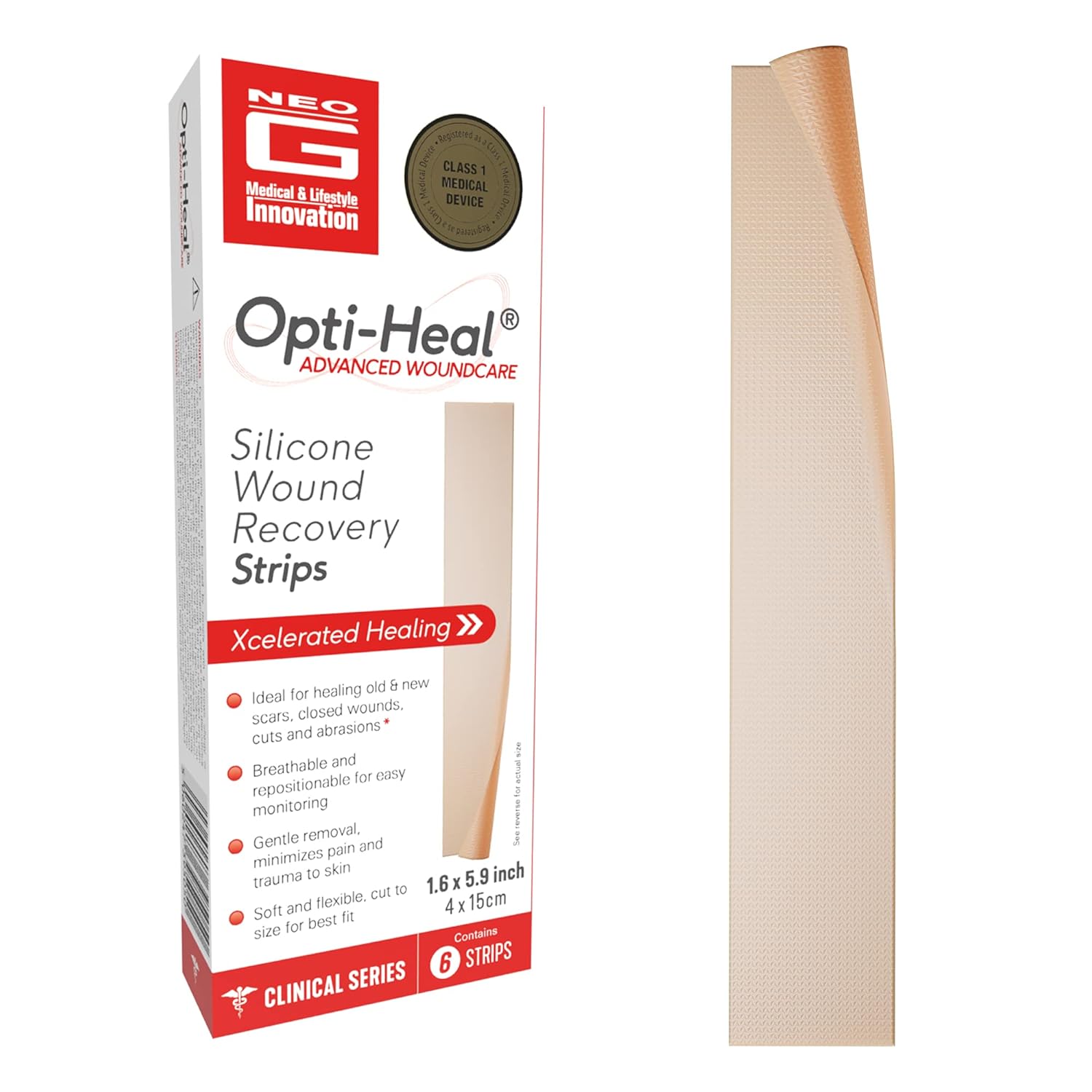 Neo G Opti-Heal Wound Recovery Silicone Scar Strips for Surgical Scars, C Section, Burn, Acne, Keloid Treatment - Medical Silicone Scar Sheets - New and Old Scar Treatment - 1.6 x 5.9 inch - 6 Strips