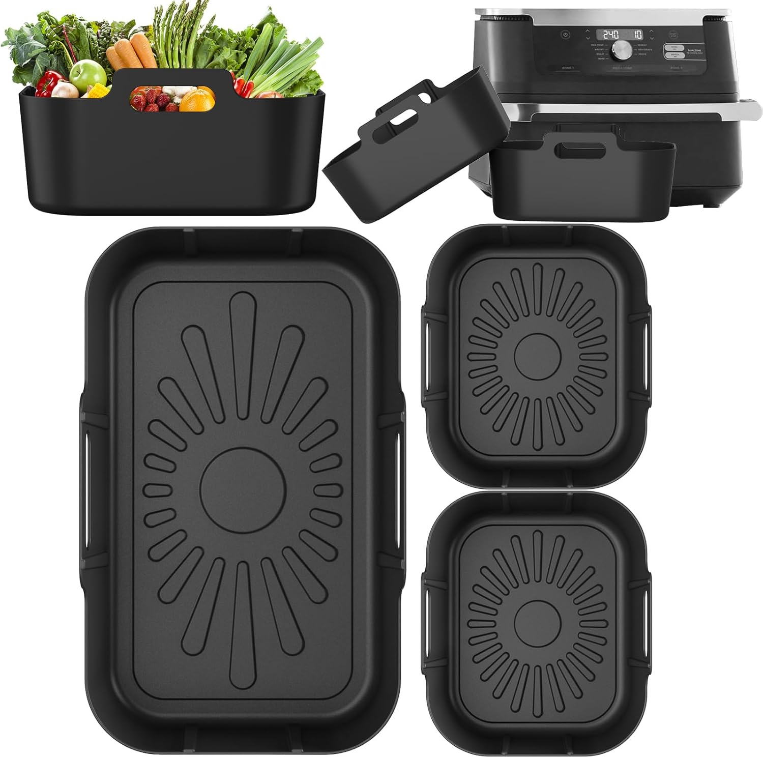 Silicone Liners for Ninja AF500UK, Premium 2mm AF500uk Silicone Liners for 10.4l Foodi Flexdrawer AF500UK, Ninja Air Fryer Dual Accessories, AF500uk Liners Accessories (3PCS, Black)