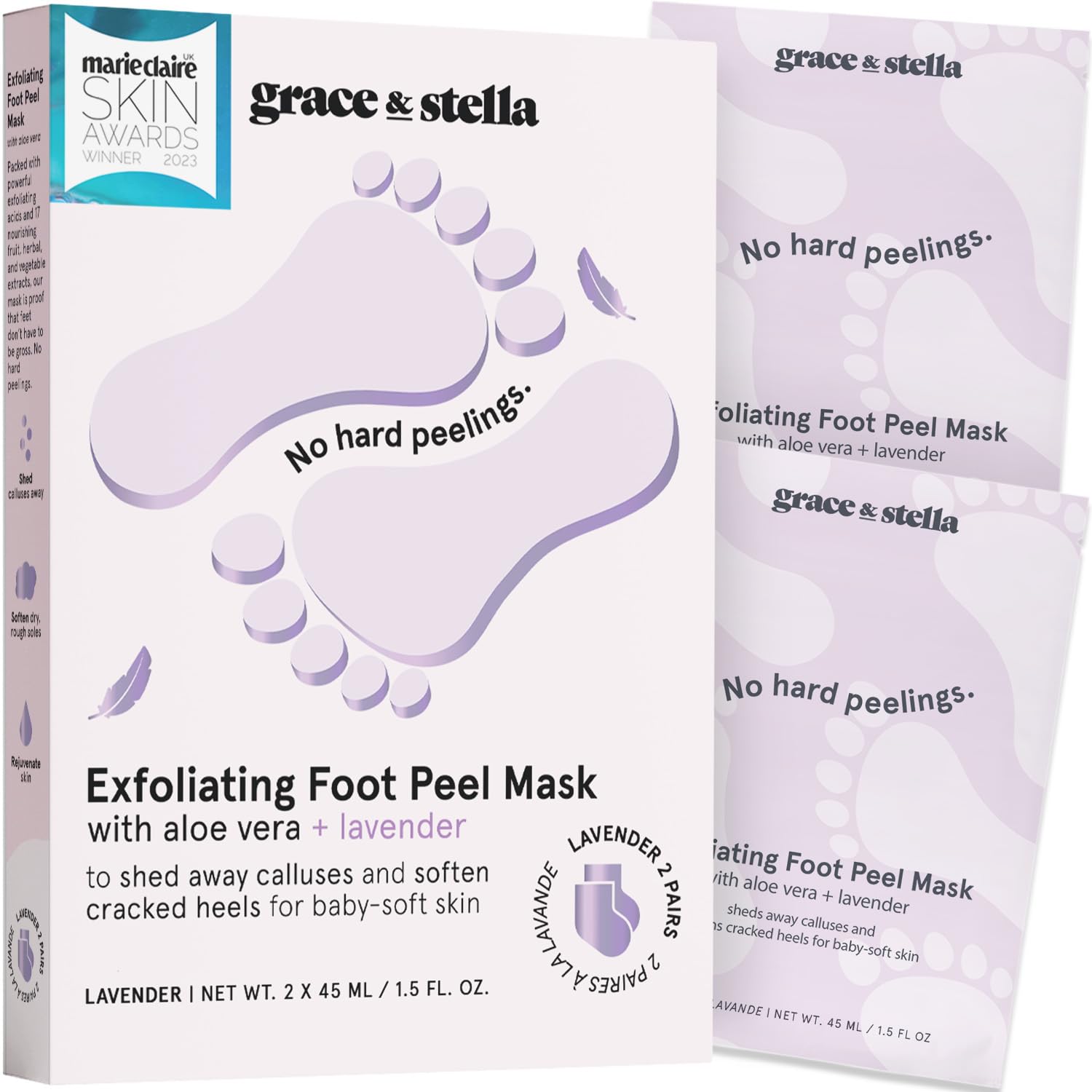 grace & stella Award-Winning Foot Peel Mask (2 Pairs, Lavender) - Foot Peeling Mask with Aloe Vera - Moisturizing Foot Mask for Dry Cracked Feet - Foot Exfoliator for Baby Soft Feet