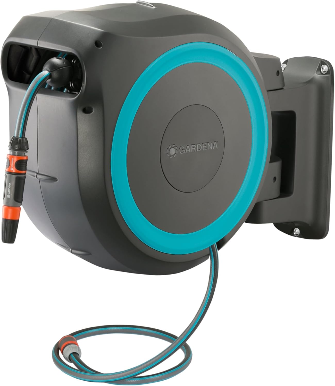 GARDENA Retractable Garden Hose Reel - 115 Feet - Auto Retract Hose Reel with 180° Swivel Wall Mount - Heavy Duty - Integrated Spray Nozzle - 18630