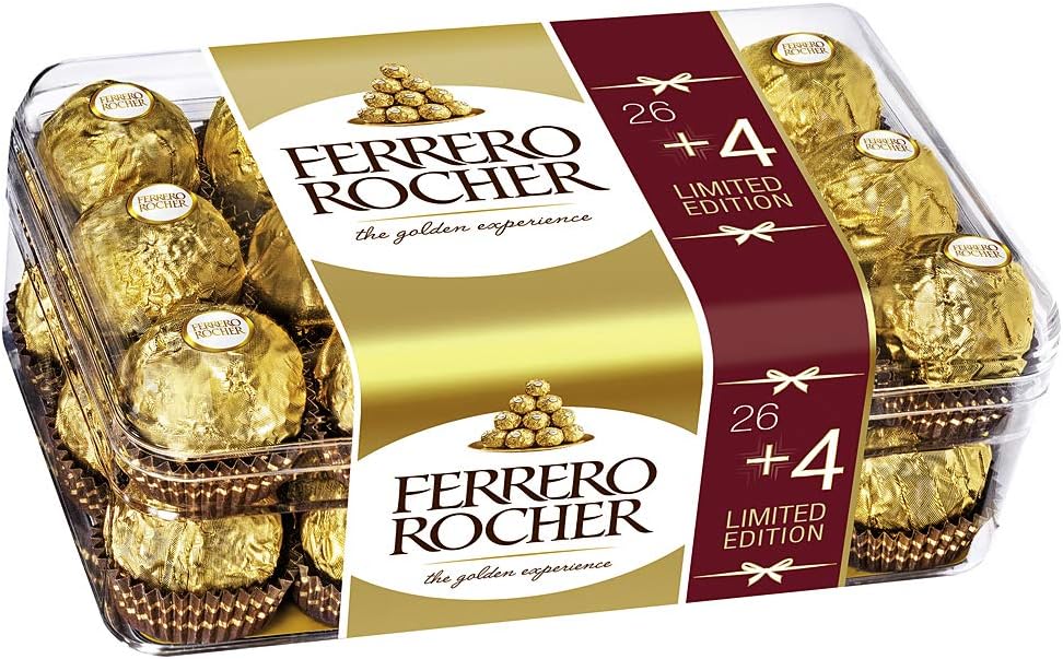 Ferrero Rocher 26 + 4 limited Edition, Chocolate Hamper Gift Box, Hazelnut and Milk Chocolate Pralines, 375 g, Box of 30 Chocolates,