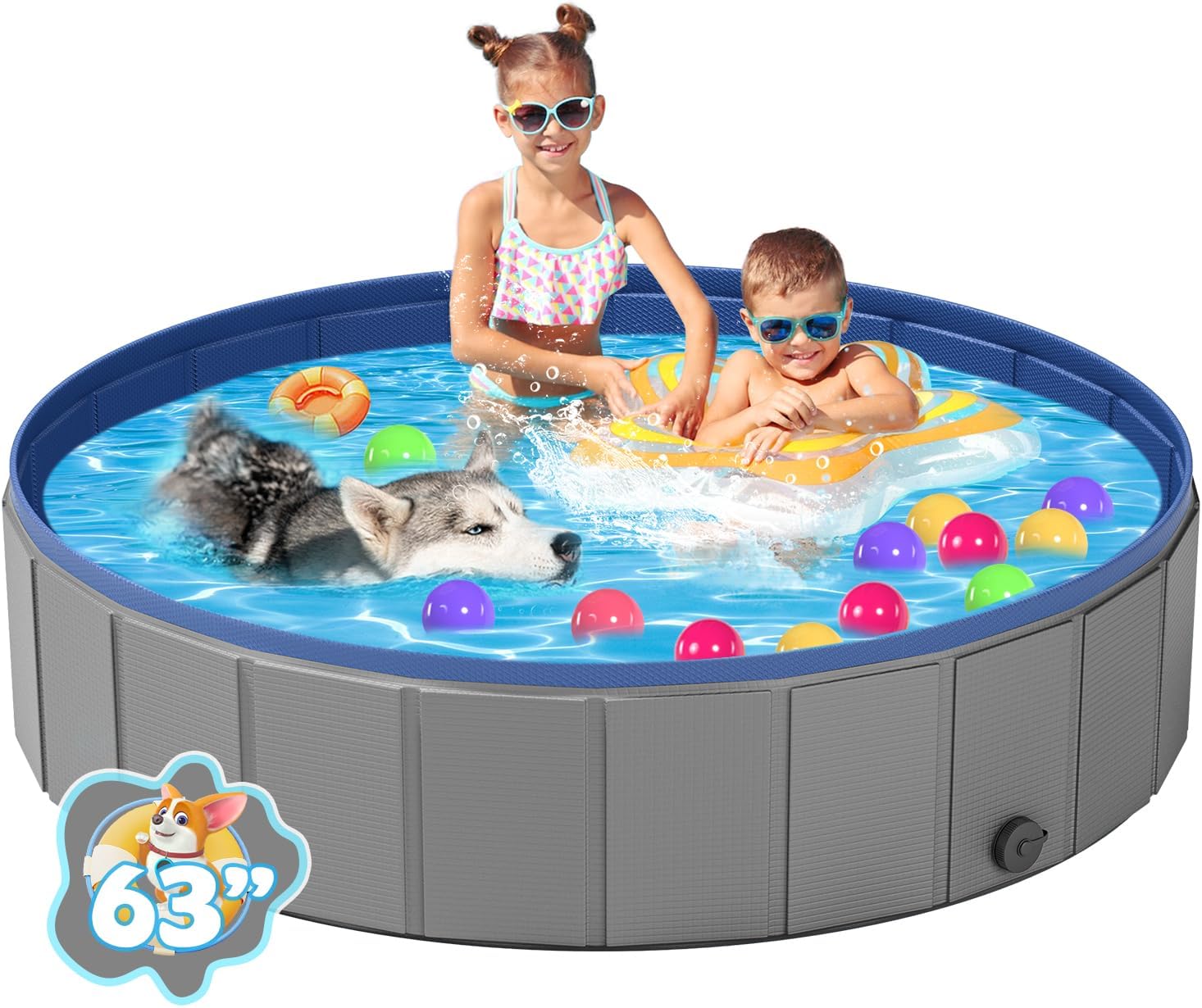YSJILIDE Portable Dog Pool PVC Pet Swimming，Bathtub Collapsible，Hard Plastic Pool for Pets to Swim and Bath (XL-63"x 12" Dark Grey)
