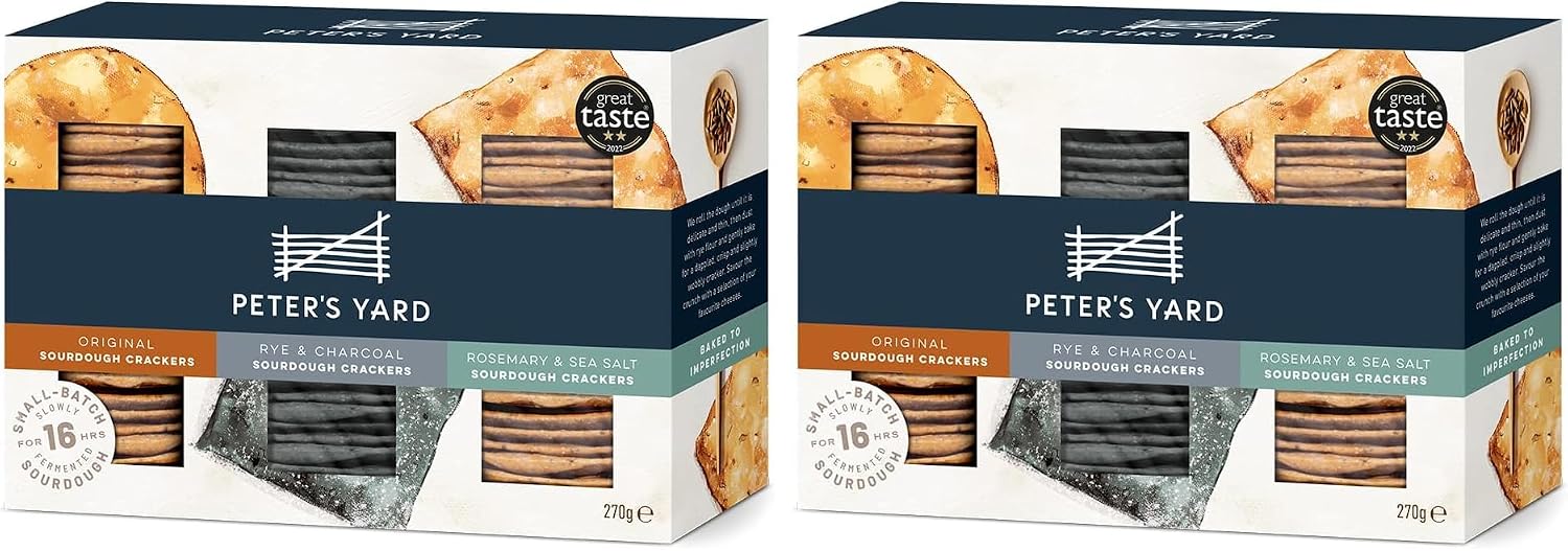 Peter's Yard Sourdough Crackers Selection Box for Cheese, 3 Varieties, Great Gift, Premium Quality, High Fibre, All Natural, Rosemary Charcoal, 270 g (Pack of 2)
