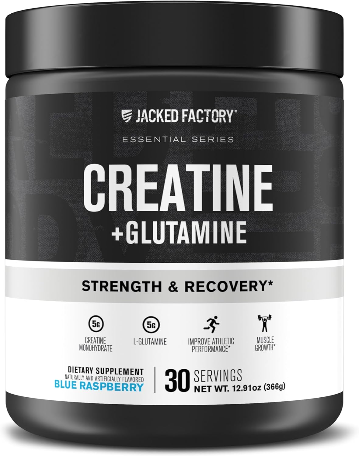 Jacked Factory Creatine + Glutamine - Creatine Supplement with L-Glutamine for Muscle Recovery, Muscle Growth, Increased Strength, Enhanced Energy Output, and Gut Health - 30 Servings, Blue Raspberry