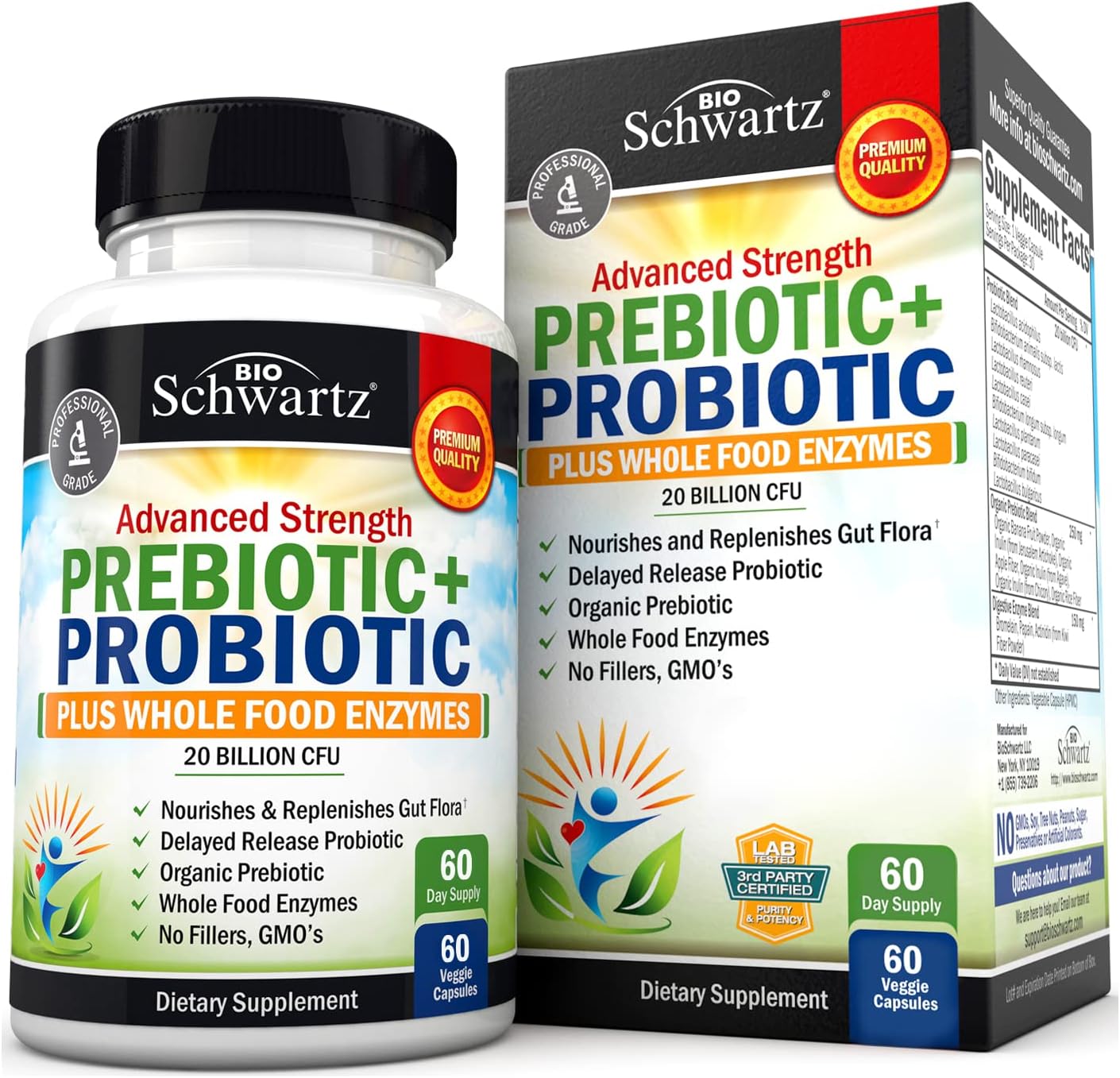 Prebiotics and Probiotic with Whole Food Enzymes for Adults Women & Men - Probiotics Lactobacillus Acidophilus - Digestive Health Capsules Shelf Stable Supplement - Non-GMO Gluten & Dairy Free -60ct