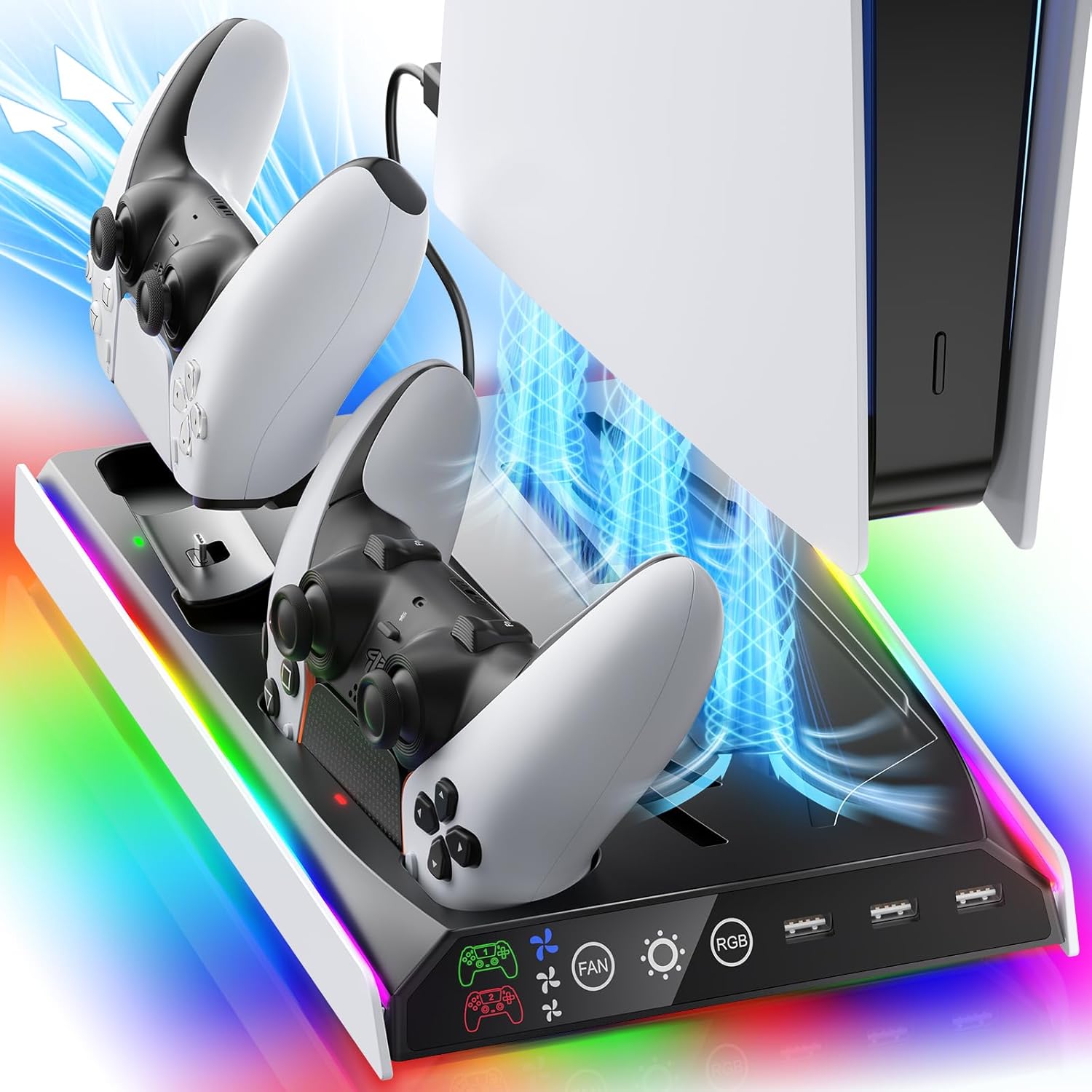 Fenolical PS5/PS5 Slim Stand with Adjustable Cooling Fan, Vertical PS5 Cooling Charger Stand for PS5/PS5 Slim, Multifunctional PS5 Slim Cooling Station with Dual Controller Chargers and RGB Light