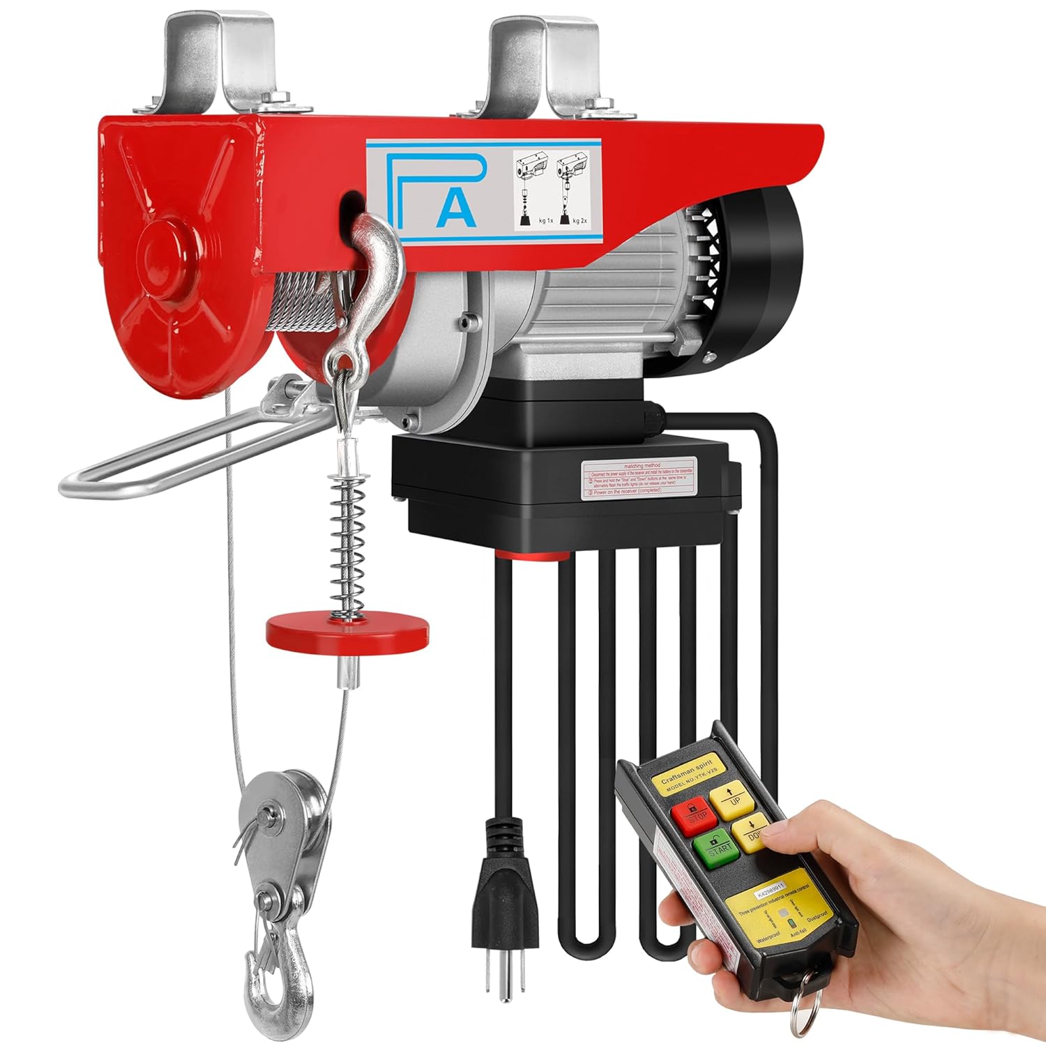 RENGUE 1320LBS Electric Hoist, 110V Winch with Wireless Remote Control, 1150W Electric Lift Single/Double Slings 38ft Lifting Height with Emergency Stop for Garage Ceiling Crane Overhead Factory