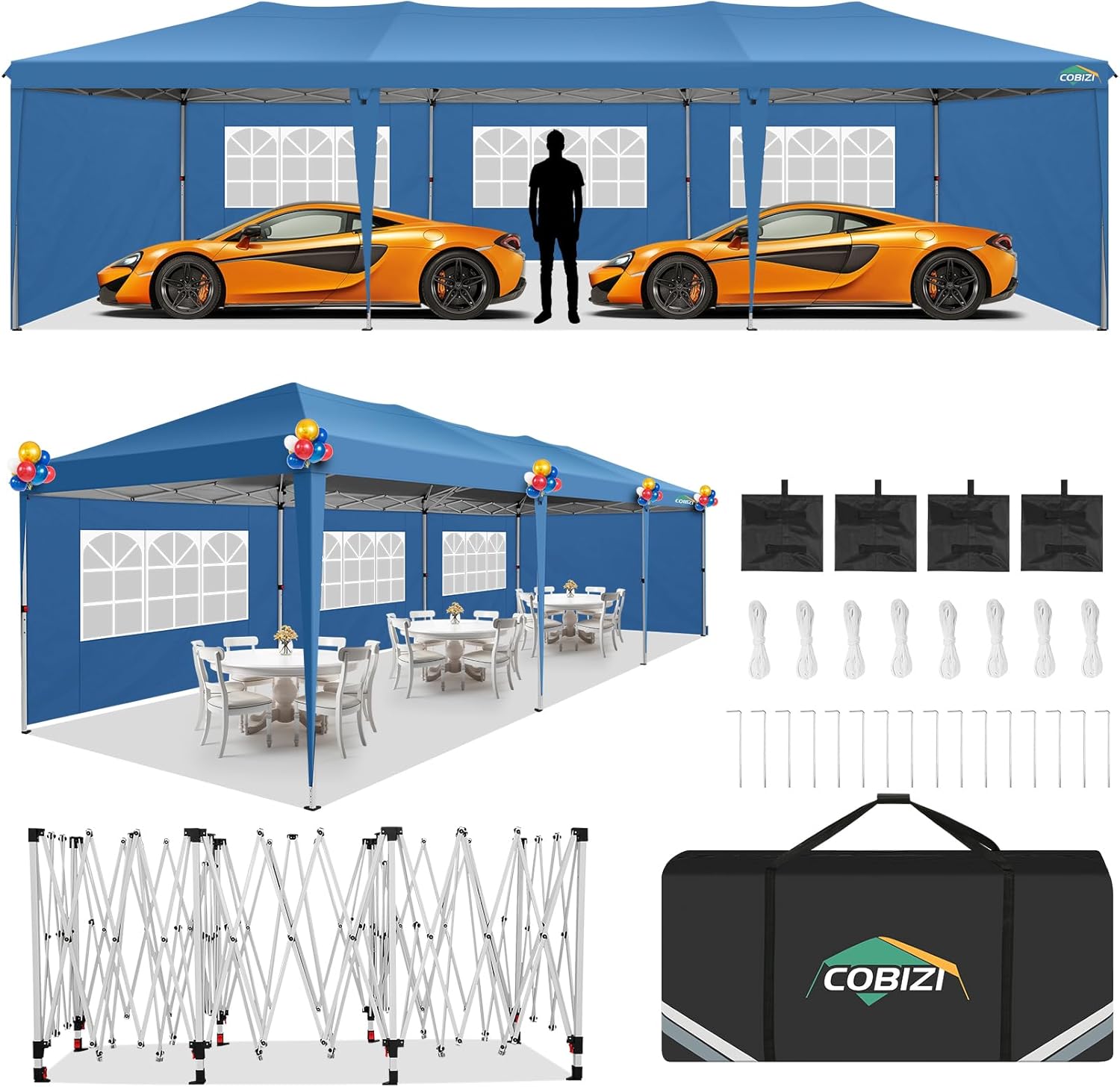 COBIZI 10x30 Pop Up Canopy Tent with Removable Sidewalls, Waterproof Portable Easy Up Canopy with Carry Bag, Instant Outdoor Shelter Tents for Parties, Events, Backyard Gatherings, Weddings, Blue
