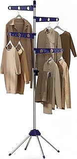 Clothes Drying Rack Foldable, 70.9 inch Tripod Drying Rack for 35 Pieces of Clothes, with Height-Adjustable Rotatable Clothes Rails, Space Saving, Stainless Steel, Blue and Silver CDR005Q01