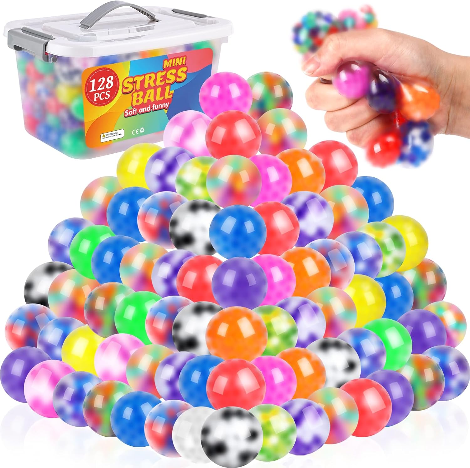 128 Pack Stress Balls for Adults, Bulk Squishy Ball, BulkStress Balls Set, Anti-Anxiety and Fidget Balls to Relax, Party Favors, Birthday Gifts, Goodie Bag Stuffers
