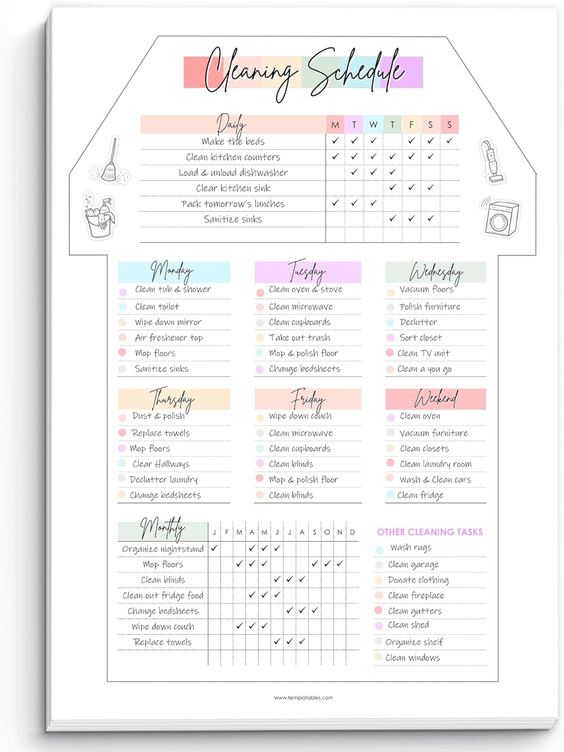 Weekly Cleaning Planner Notepad - Daily, Weekly & Monthly Cleaning Schedule and Checklist Desk Pad, Household Chores Tracker | 50 Undated Tear Away Sheets | A4 Rainbow
