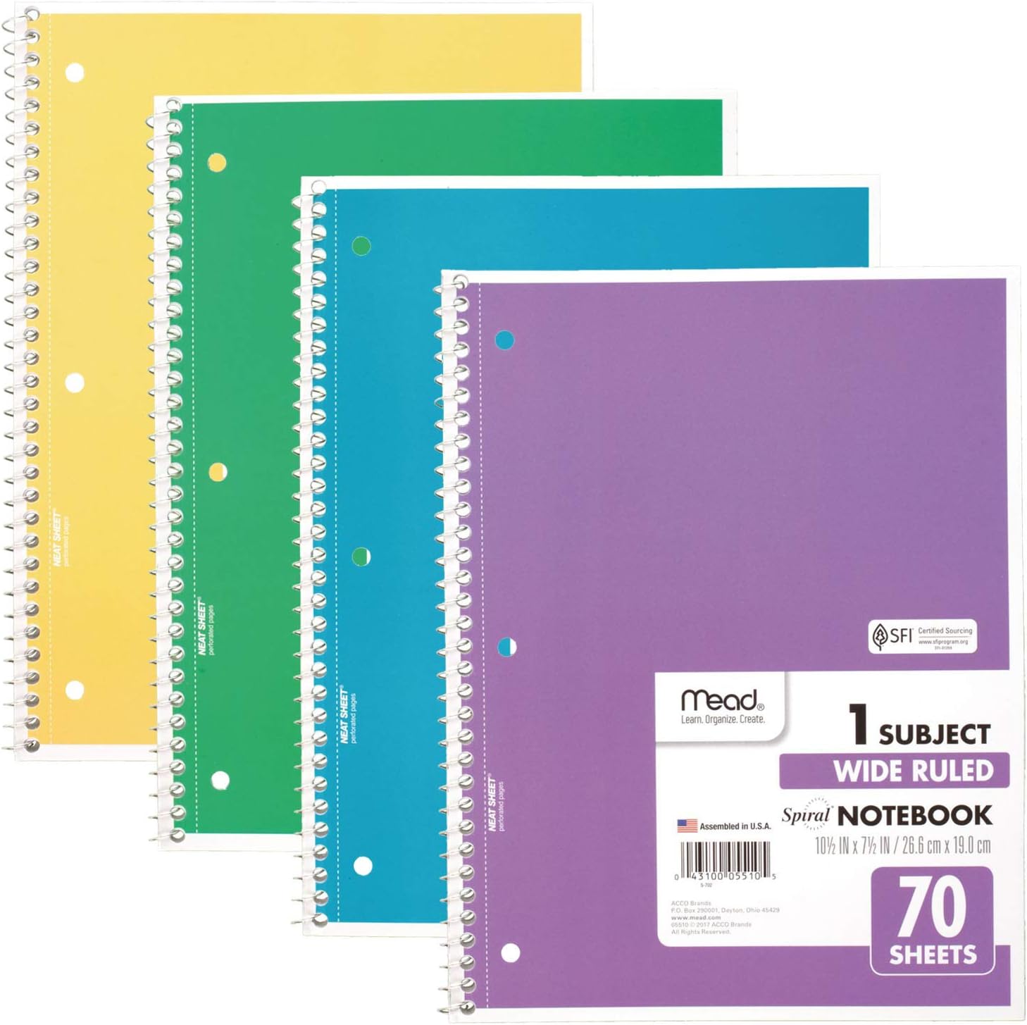 Mead Spiral Notebook, 4 Pack, 1-Subject, Wide Ruled Paper, 7-1/2" x 10-1/2", 70 Sheets per Notebook, Colors Will Vary (72873)