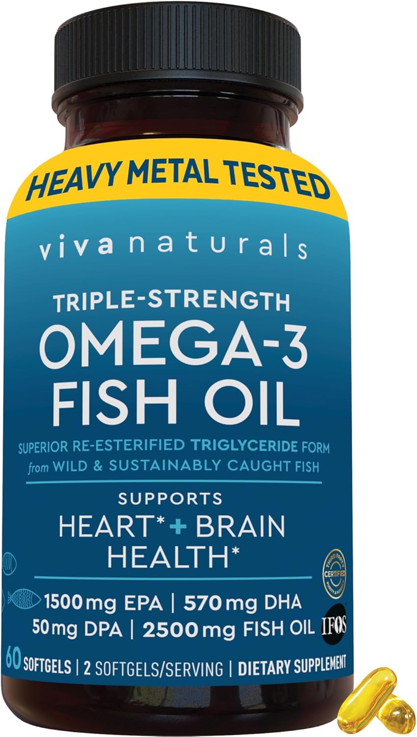 Viva Naturals Triple Strength Omega 3 Fish Oil Supplement - 2500 mg Fish Oil with Re-Esterified Omega 3 Fatty Acids Including EPA, DHA DPA - 60 Pescatarian-Friendly Softgels