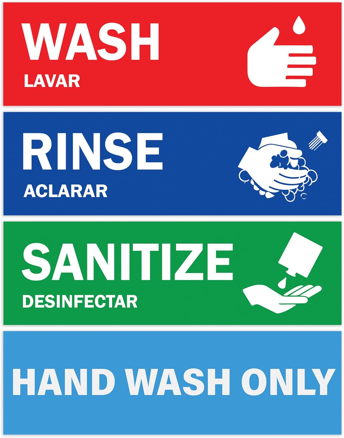 Wash Rinse Sanitize Sink Labels - 2.75" x 9" - Also Includes Hand Wash Only Sign - Ideal Handwashing Signs for 3 Compartment Sink - Perfect Label Stickers for Restaurant, Commercial Kitchen, Food Truck, Bussing Station, Wash Station