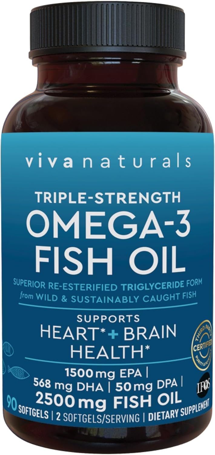 Viva Naturals Omega 3 Fish Oil Supplement for Women and Men - 2500 mg Triple Strength Fish Oil Pills with Re-Esterified Omega 3 Fatty Acids Including EPA, DHA DPA - 90 Pescatarian-Friendly Softgels