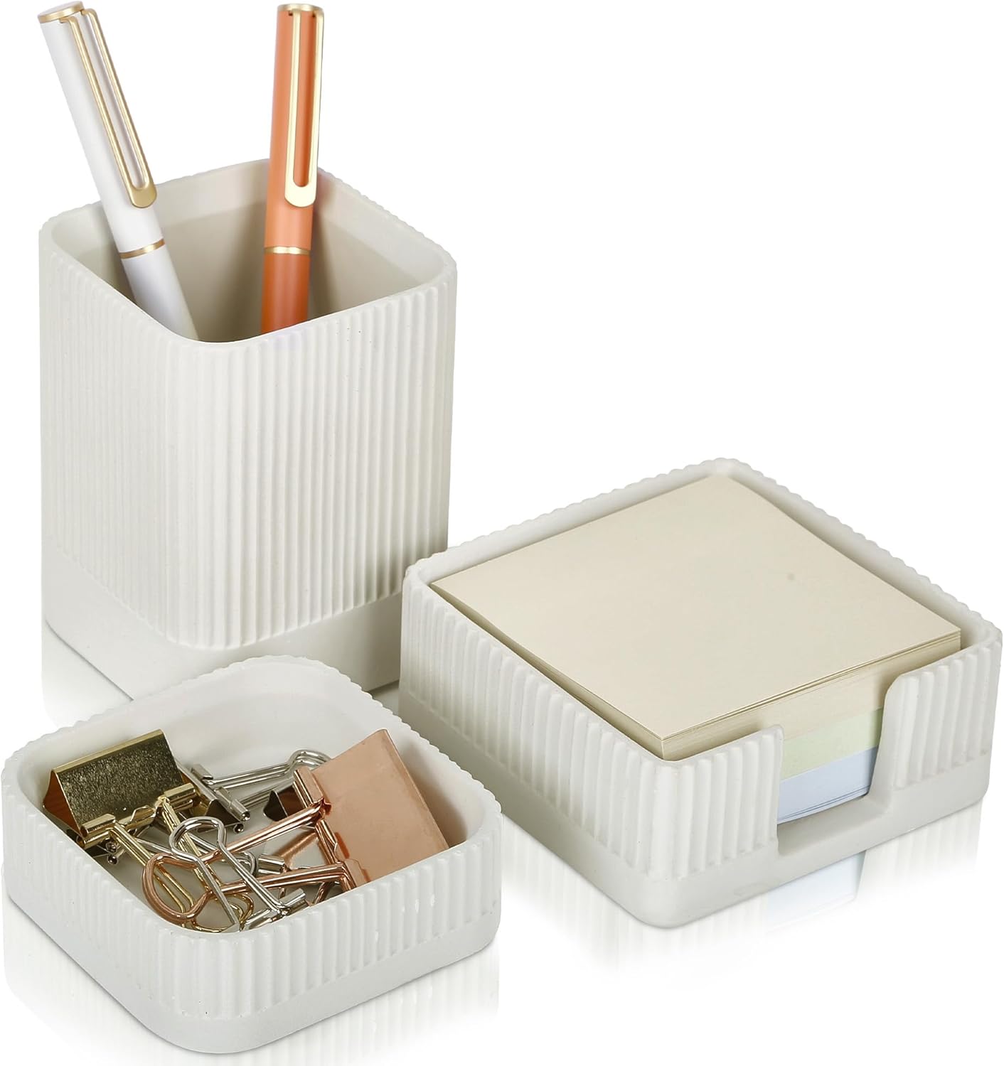 Aesthetic Desk Organizer Set of 3 For Your Office - Sturdy Concrete Desktop Accessories For Women or Men Enhance Any Office Decor - Set incl. Pen Holder, Paperclip Storage and Sticky Note Holder