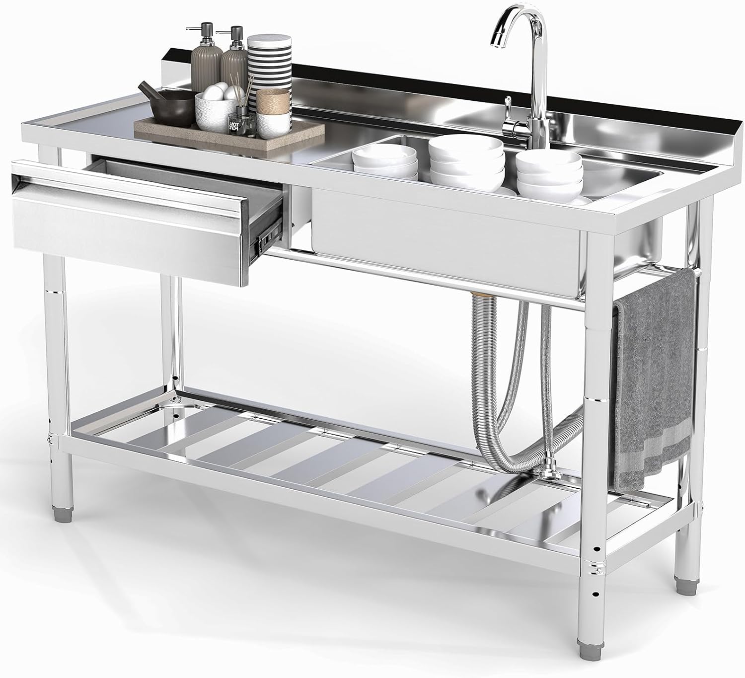 Stainless Steel Utility Sink, 47.2'' Free Standing Single Bowl Kitchen Sink with Cold and Hot Water Pipe, Left Drawer, Indoor and Outdoor for Laundry Room Farmhouse Kitchen(47.2 inch)
