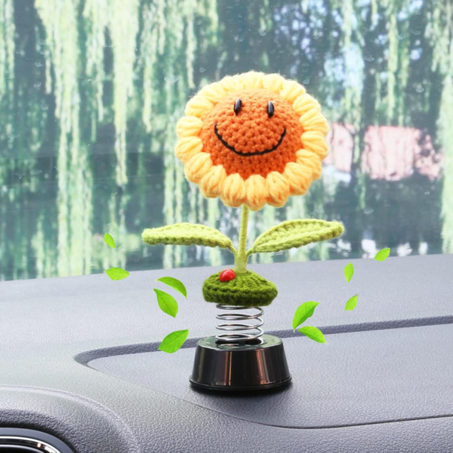 Levvohd Sunflower Car Dashboard Decorations, Dashboard Bobbleheads Knitted Flowers for Women Car Ornament Accessories (Handmade Long Eyes)