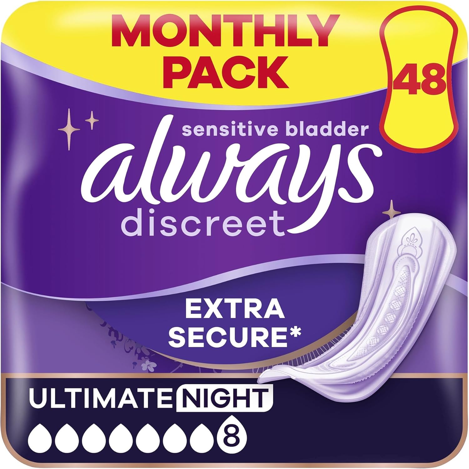 Always Discreet Incontinence Pads Women, Ultimate Night, Absorbency 8, 48 Sanitary Towels (12 x 4), Extra Secure Bladder Weakness, Odour Neutraliser